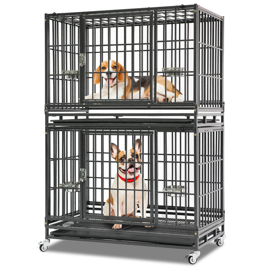 Homey Pet 37 Inch Stackable Heavy Duty Dog Crate Cage Kennel with Feeding Bowls, Lockable Wheels and Removable Tray, Escape Proof Wire Drop Dog Crates for Medium Dogs (Two Tiers)