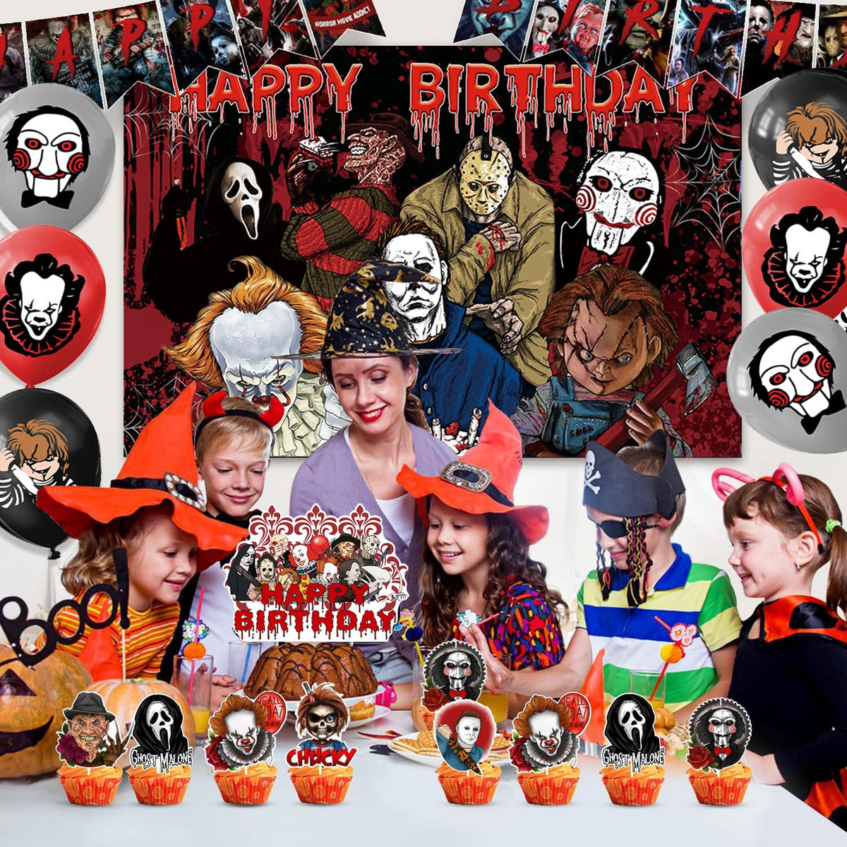 Taeku Horror Birthday Party Decorations – 50 Pcs Halloween Theme Kit with Banner, Balloons, Cake Toppers, Backdrop & Tablecloth – Scary Party Supplies for Kids & Adults