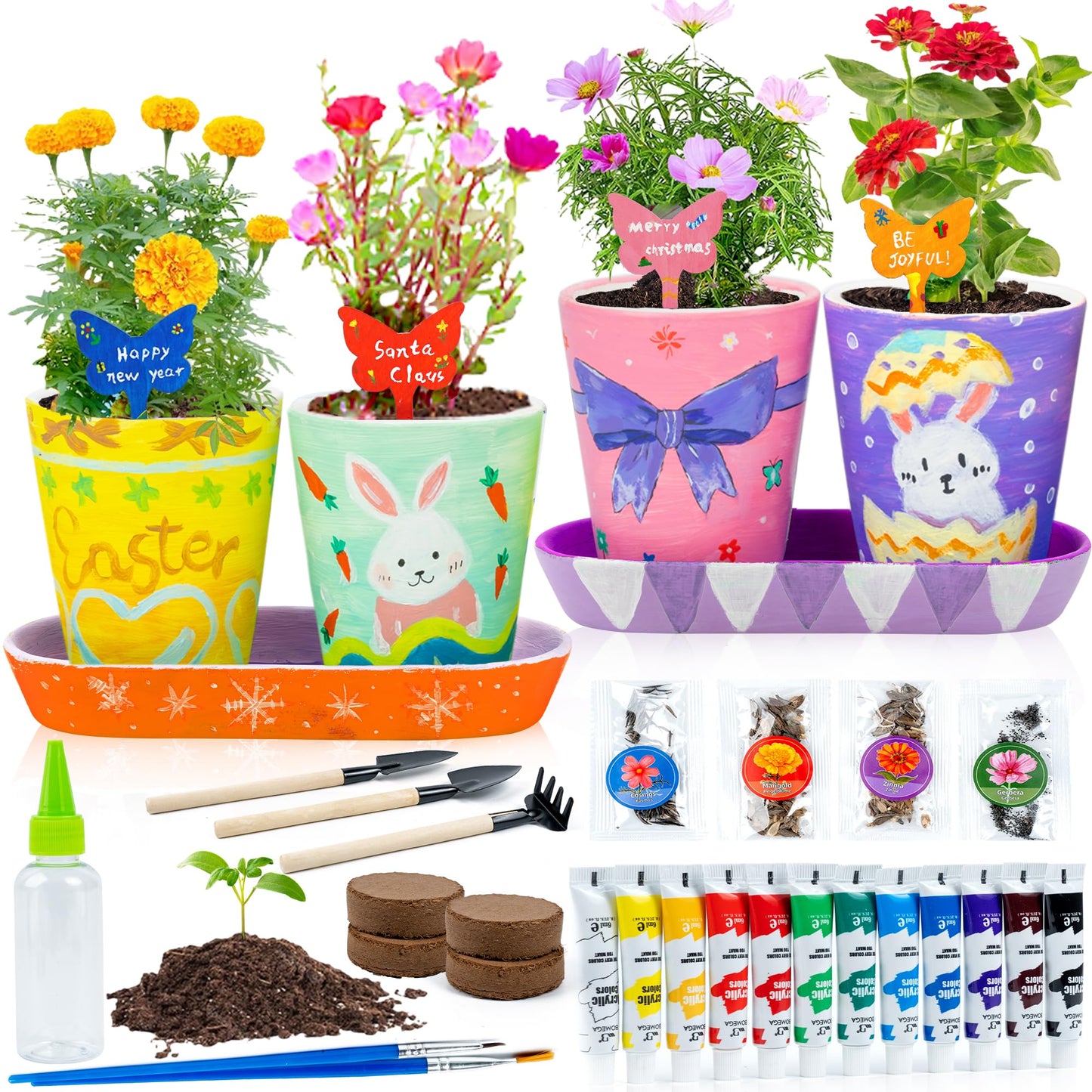 RGBDOT Kids Gardening Set Paint and Plant Stoneware Flower Gardening Kit with 4 Pots Arts and Crafts for Kids Ages 8-12 Best Children’s Day Gift for Girls Boys Ages 5 6 7 8 9 10