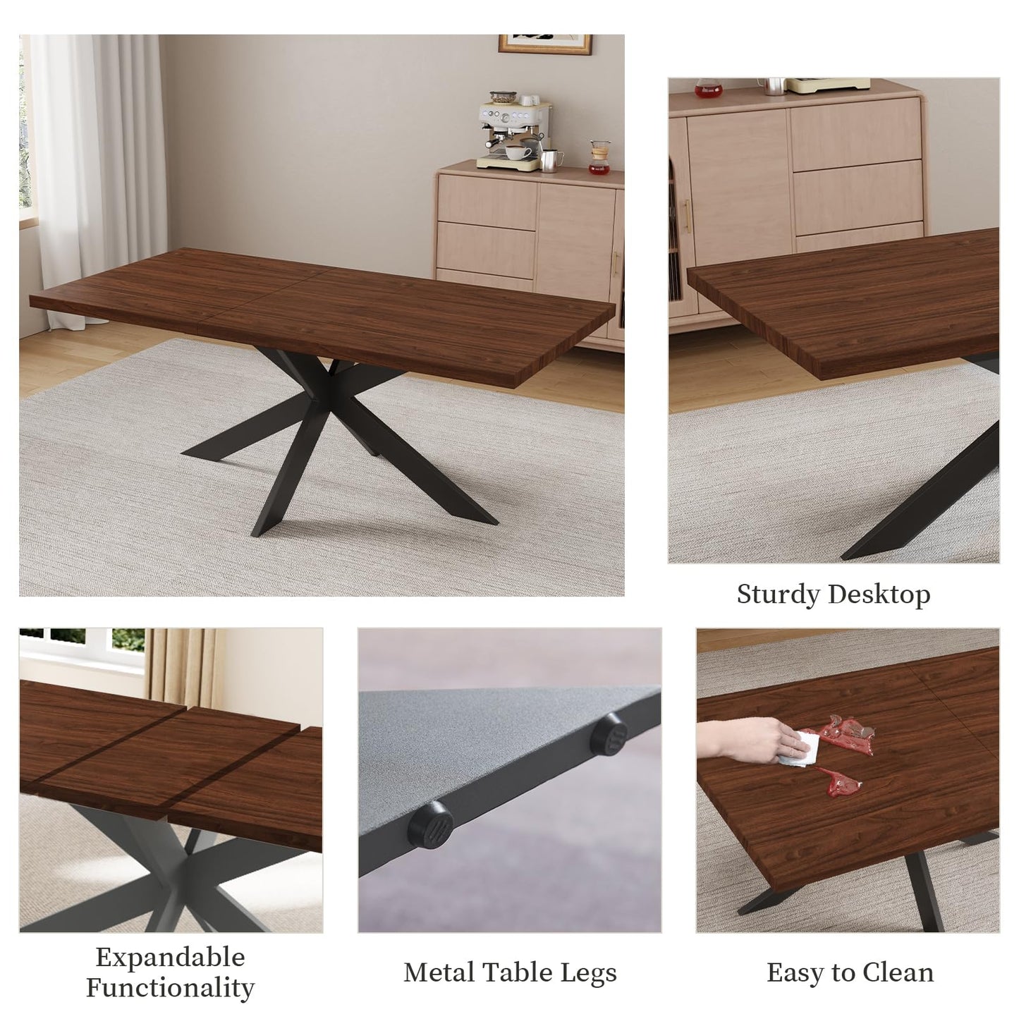 ZckyCine 7-Piece Dining Table Set with 51"-67" Extendable Walnut Wood Table and 6 PU Leather Chairs, Modern Rectangular Kitchen Table Set with Metal Legs, Seats 6, Easy Assembly