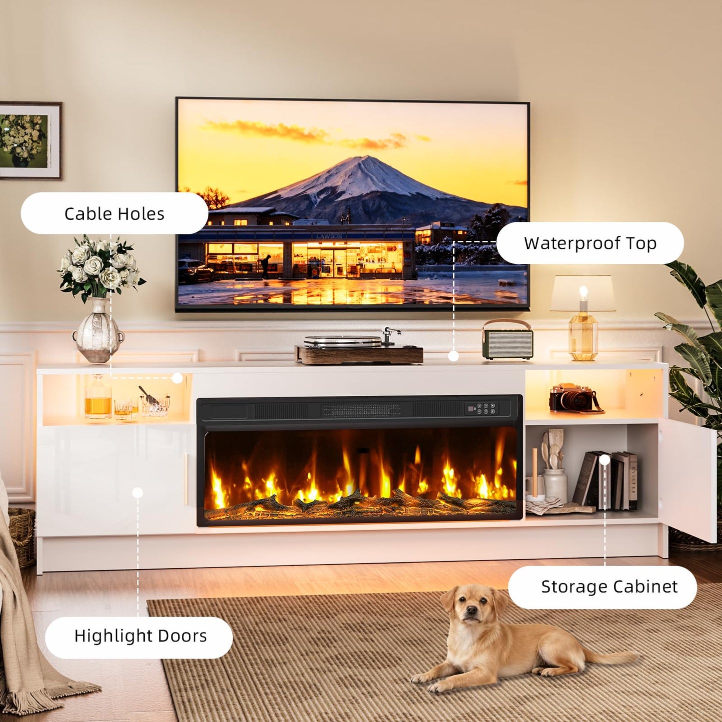 Kucreiheat Fireplace tv Stand with 36 inch Fireplace Up to 80" TV, LED Light Entertainment Center and Storage, 70" Modern Wood Media TV Console with Highlight Cabinet for Living Room, White