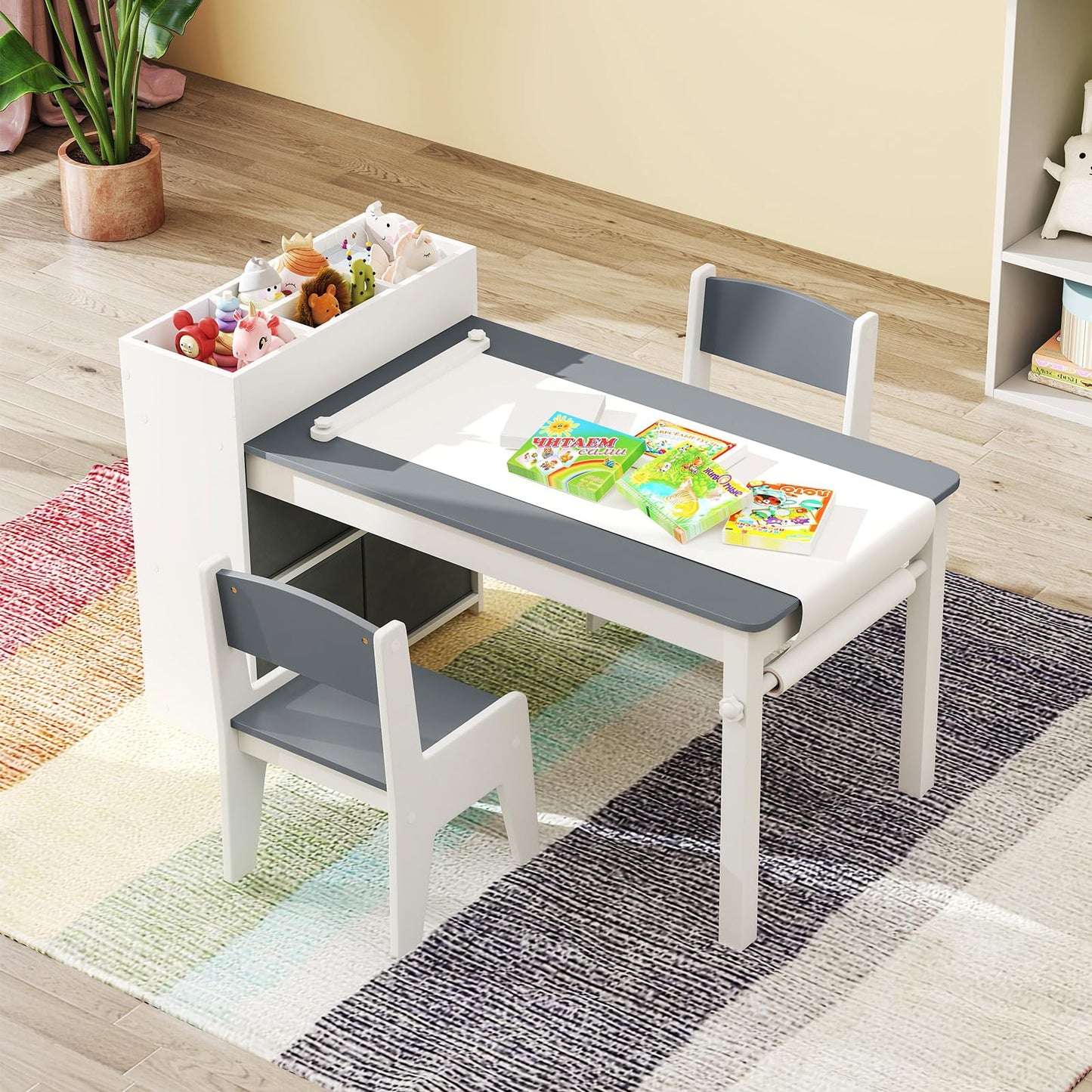 INFANS Kids Art Table and Chair Set, Toddler Craft Play Wood Activity Desk with Paper Roll 2 Chairs Storage Canvas Bins for Writing Drawing, Children Furniture for Daycare Nursery Boys Girls Ages 3+