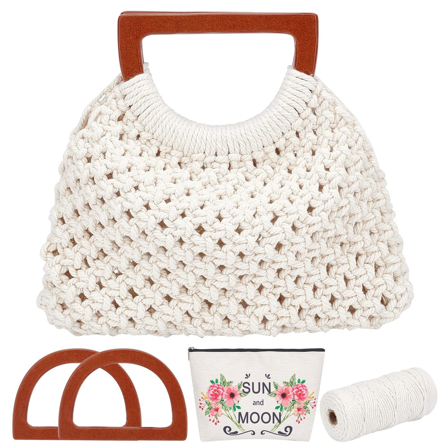 WEBEEDY Macrame Bag DIY Kit for Adults Macrame Kit for Beginners Macrame Purse DIY Kit for Women Macrame Handbag with Wooden Handle Hobbies Project for Starter Christmas Boho Gift Idea (Natural)