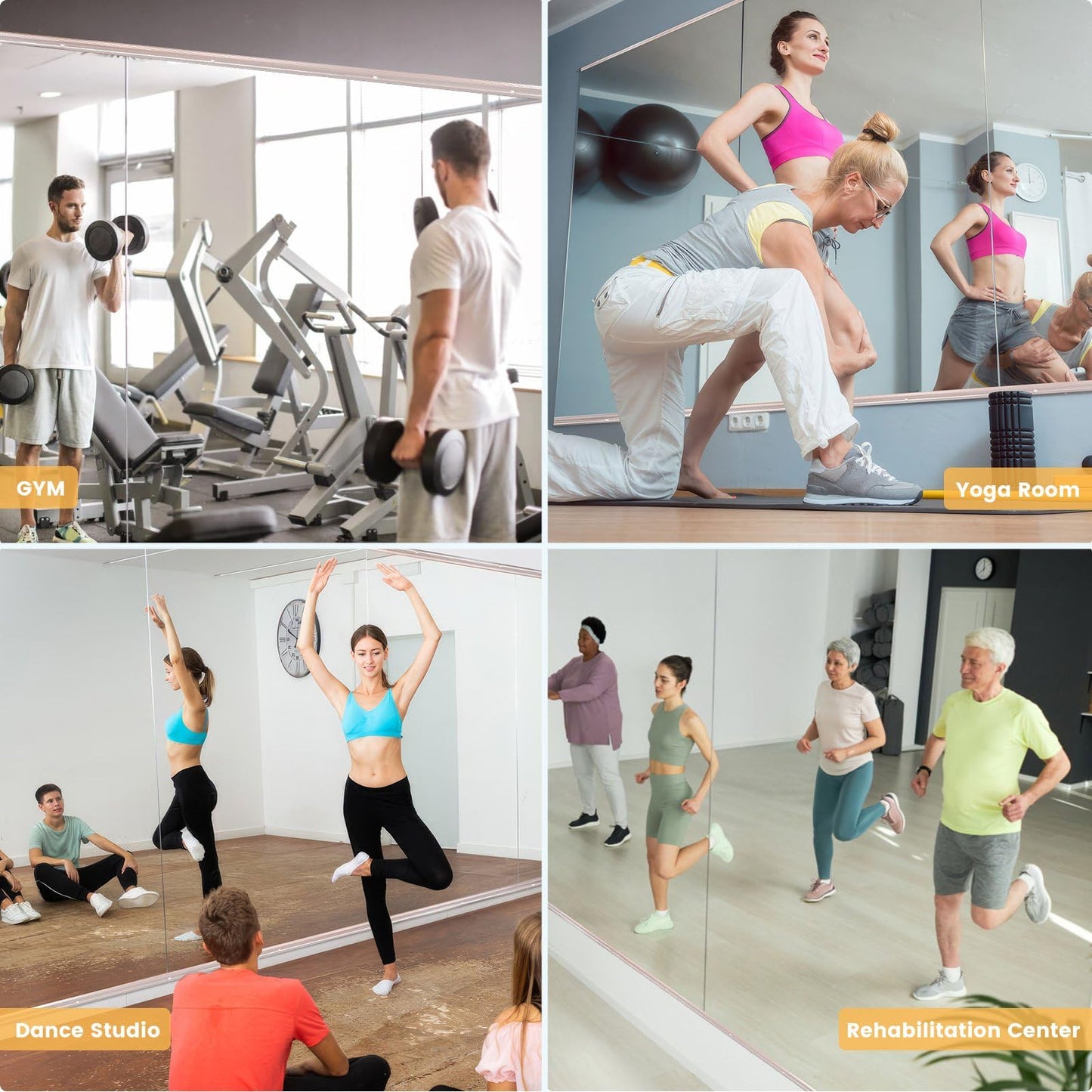 Amorho Gym Mirror 90''x48''(3pcs 48''x30''), Tempered Glass, Frameless Full Body Mirror for Home, Yoga Studios, Dance Rooms, Garage Gyms.