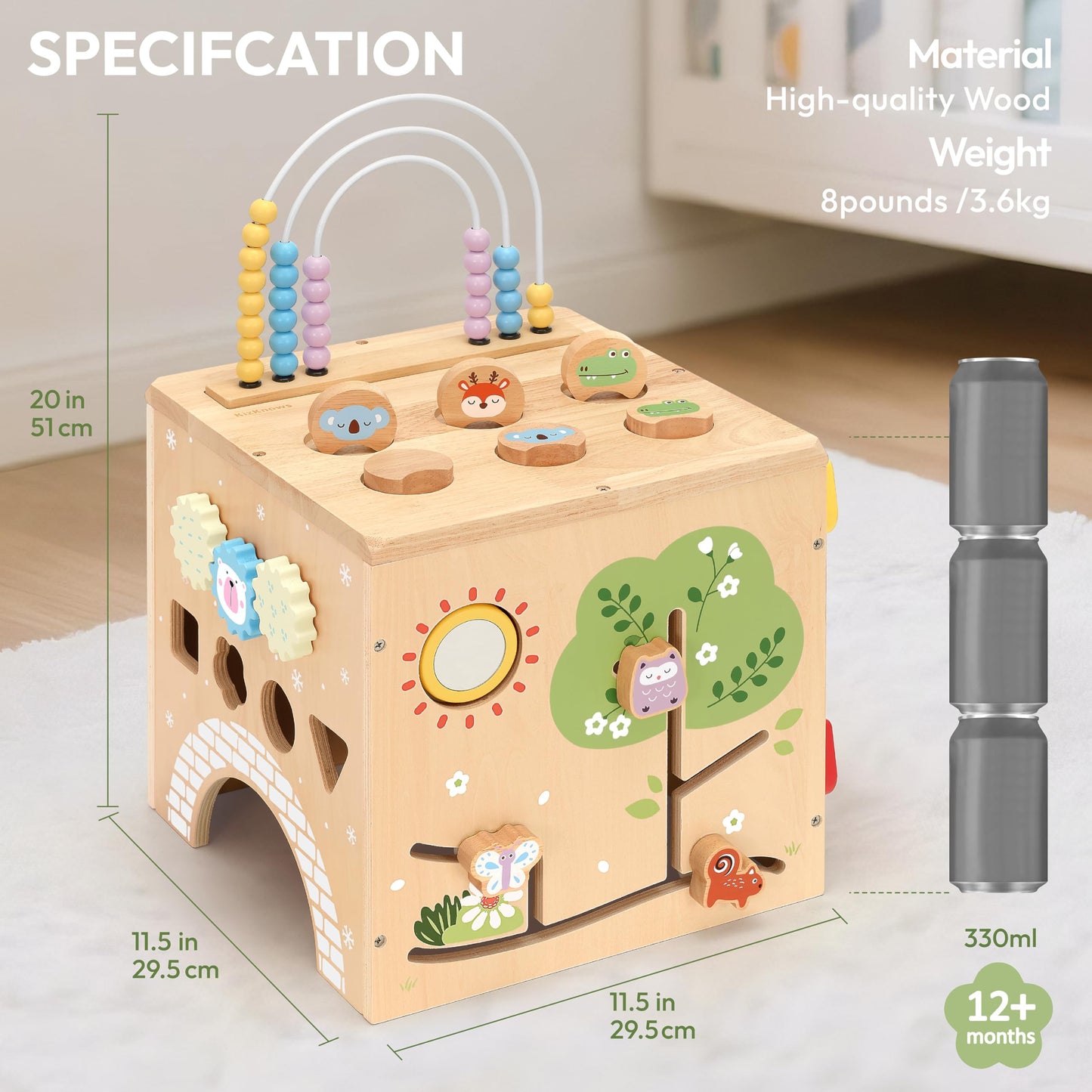 KizKnows Wooden Activity Cube 9-in-1 Montessori Busy Board Toy | Educational Sorting Play Center for 1+ Year Old Toddlers | First Birthday for Boys Girls