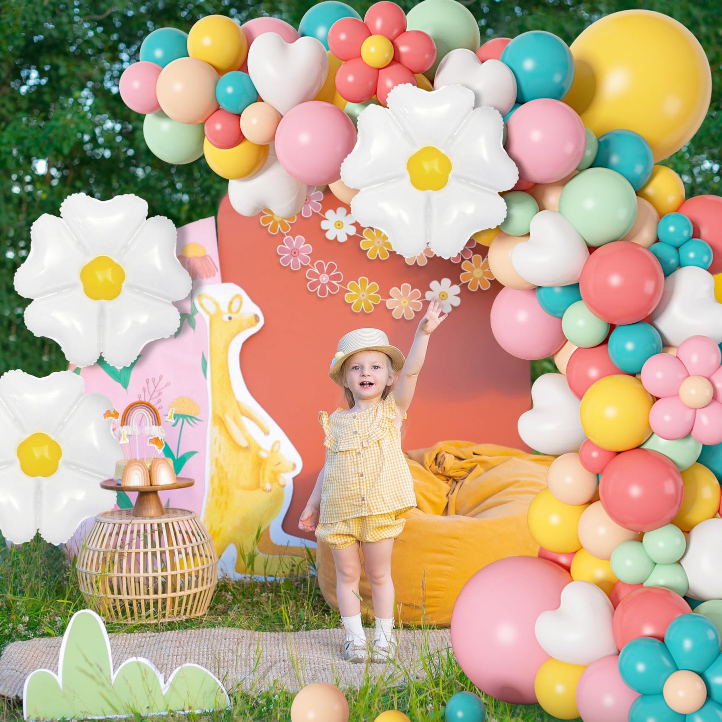 161pc Daisy Balloon Garland Arch Kit, Pastel Groovy Flower Party Decorations with Pink Yellow Orange Blue Green Daisy Banners for Baby Shower Retro Hippie Two Groovy Boho Birthday Party Decor