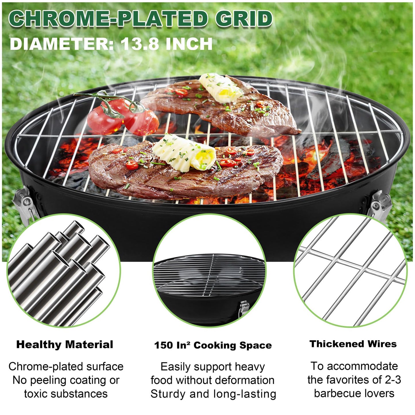 14 inch Charcoal Grill, Joyfair Small Portable BBQ Grill with Locking Lid for Outdoor Camping/Patio/Backyard Barbecue/Tabletop Cooking, Enamel Coated & Dual Vent System (Black)