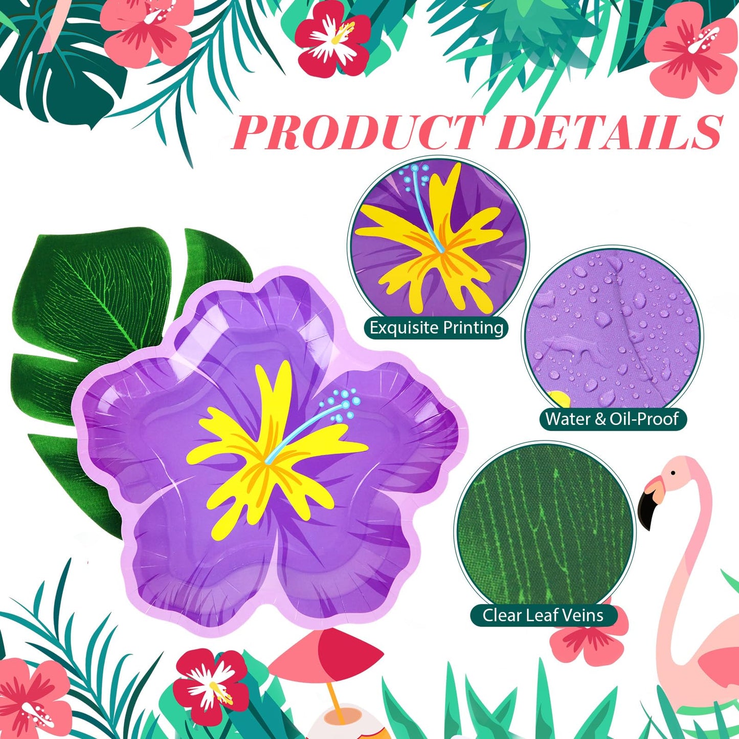 Motipuns 200 Pcs 9.05" Hibiscus Floral Paper Plates Bulk and Artificial Palm Leaves Luau Hibiscus Flowers Disposable Paper Plate Tropical Leaf Placemat Summer Hawaiian Safari Party Supplies Decoration