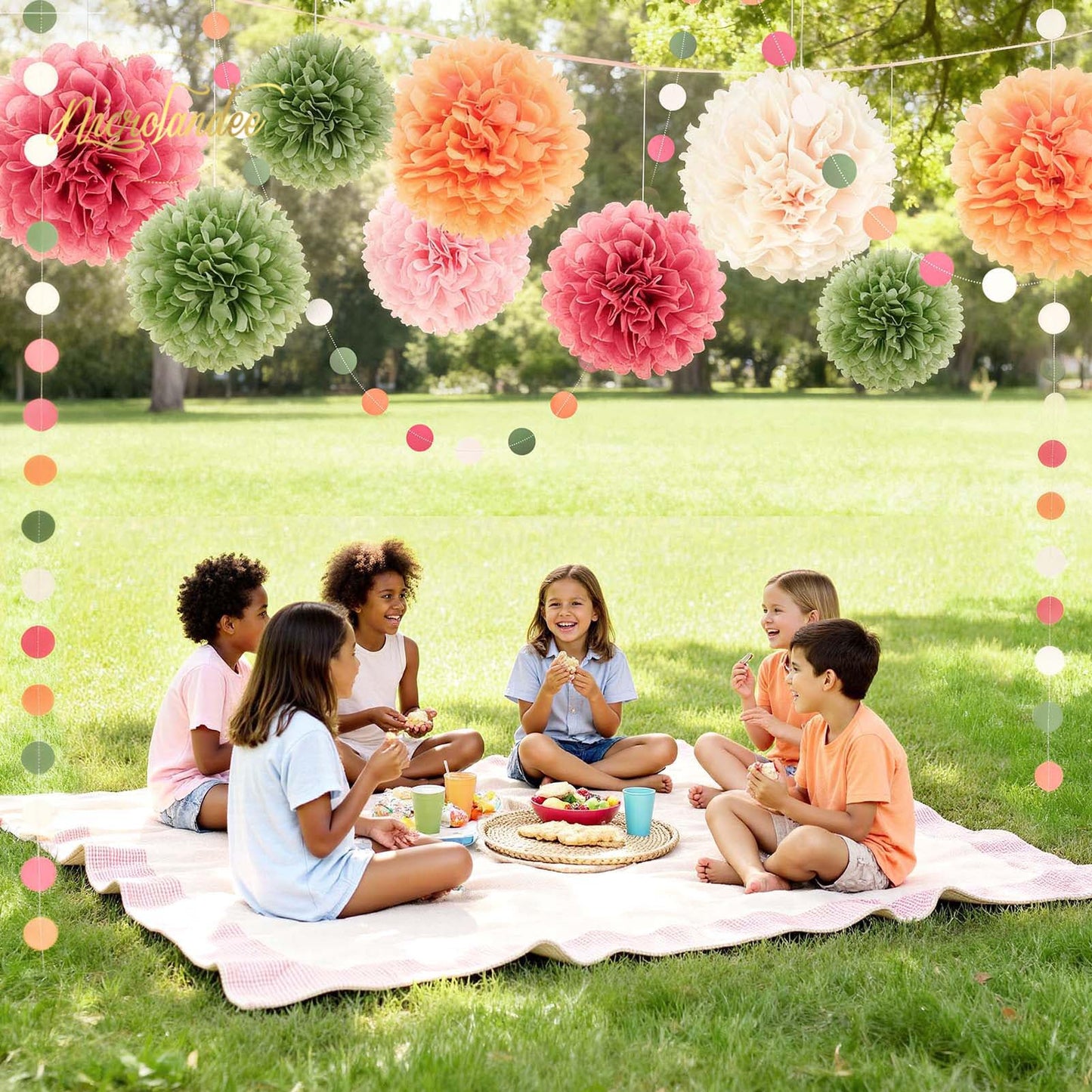 NICROLANDEE Wedding Party Decorations - 15Pcs Pink, Sage Green, Ivory Tissue Paper Pom Pom for Birthday Pastel Decorations, Engagement Baby/Bridal Shower Anniversary Valentine Dot Paper Backdrop Decor
