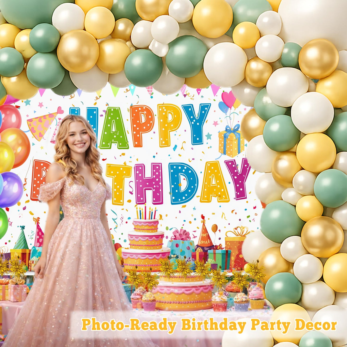 Sage Green and Gold Birthday Decorations Set for Men & Women, 131pcs Birthday Party Decor for Boys & Girls, Balloon Arch Kit, Backdrop, Cake Toppers, Happy Birthday Banner for Birthday Celebrations