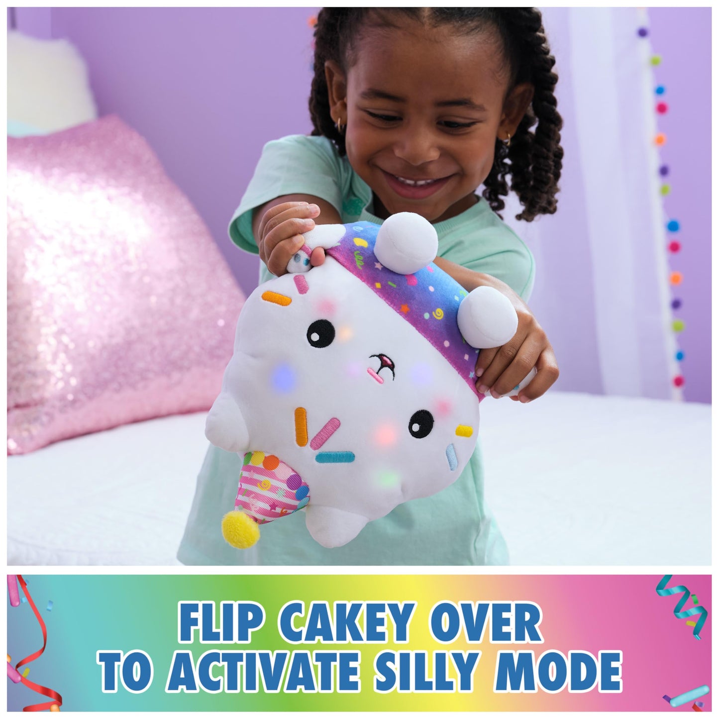 Gabby's Dollhouse Celebrations, Sprinkle Party Cakey Cat Plush, 10-Inch Interactive Stuffed Animal with Sounds, Kids Toys for Girls & Boys Ages 3+