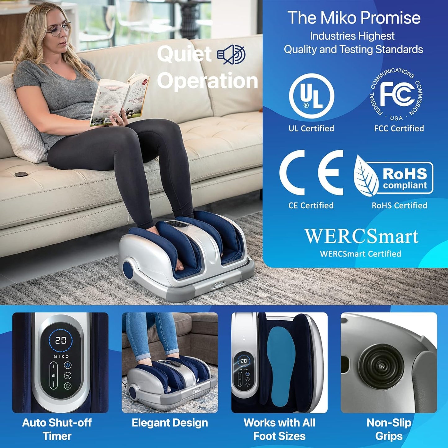 MIKO Shiatsu Foot Massager for Circulation & Pain Relief - Deep Tissue Kneading, Heat Therapy for Plantar Fasciitis, Neuropathy, Diabetics - Fits Up to Size 15