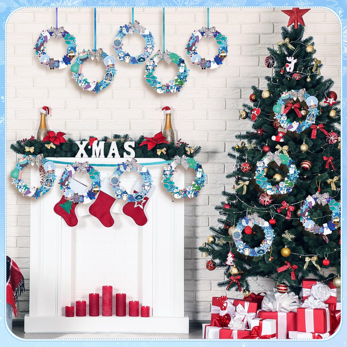 Moucuny 620/600 Pcs Winter Wreath Craft Kits DIY Snowman Christmas Wreath Crafts Kits Xmas Winter Home Decorations for Party Favors(Polar,Purple, Cyan, Light Blue, Dark Blue)