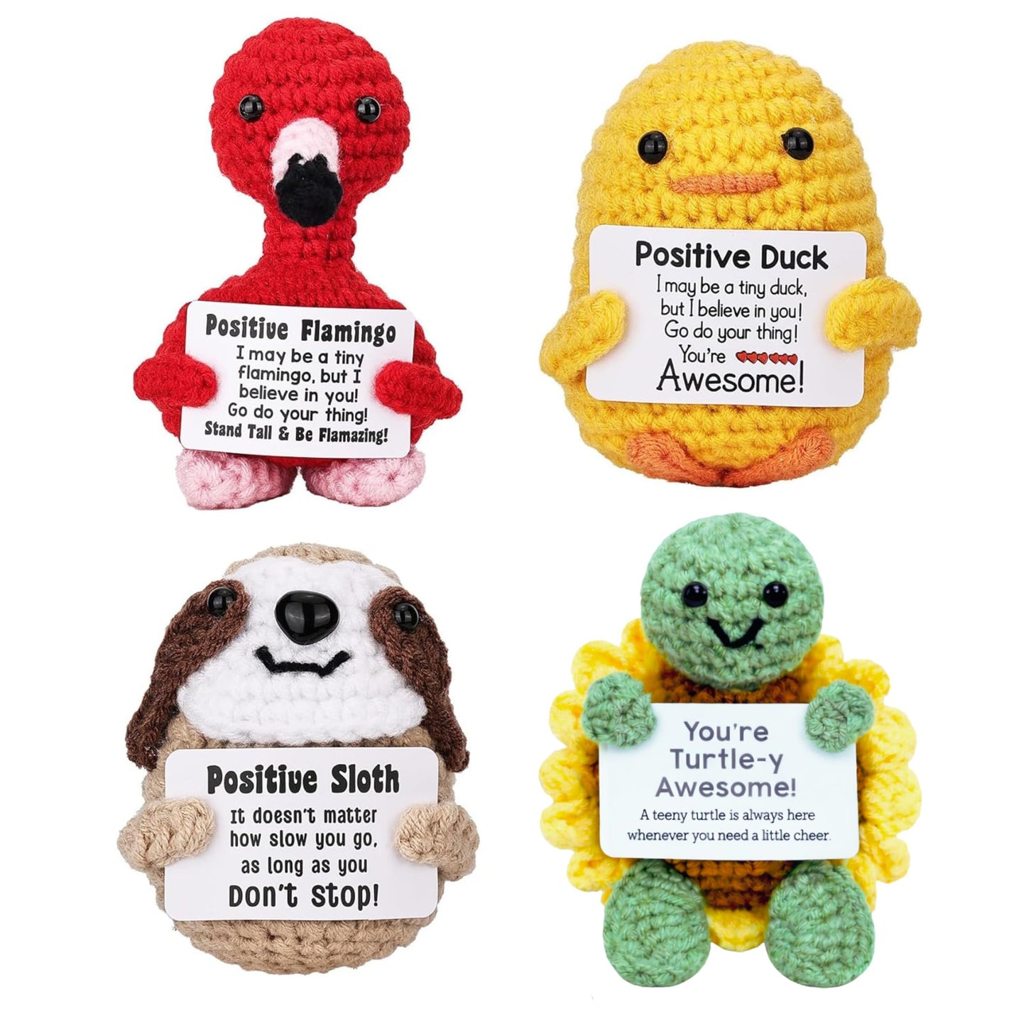 Ella & Emma 4PCS Cute Crochet Animal Dolls with Positive Cards, Easter Basket Stuffers for Teens, Handmade Emotional Support Gifts for Friends, Women & Men, Funny Desk Decor for Easter Birthday