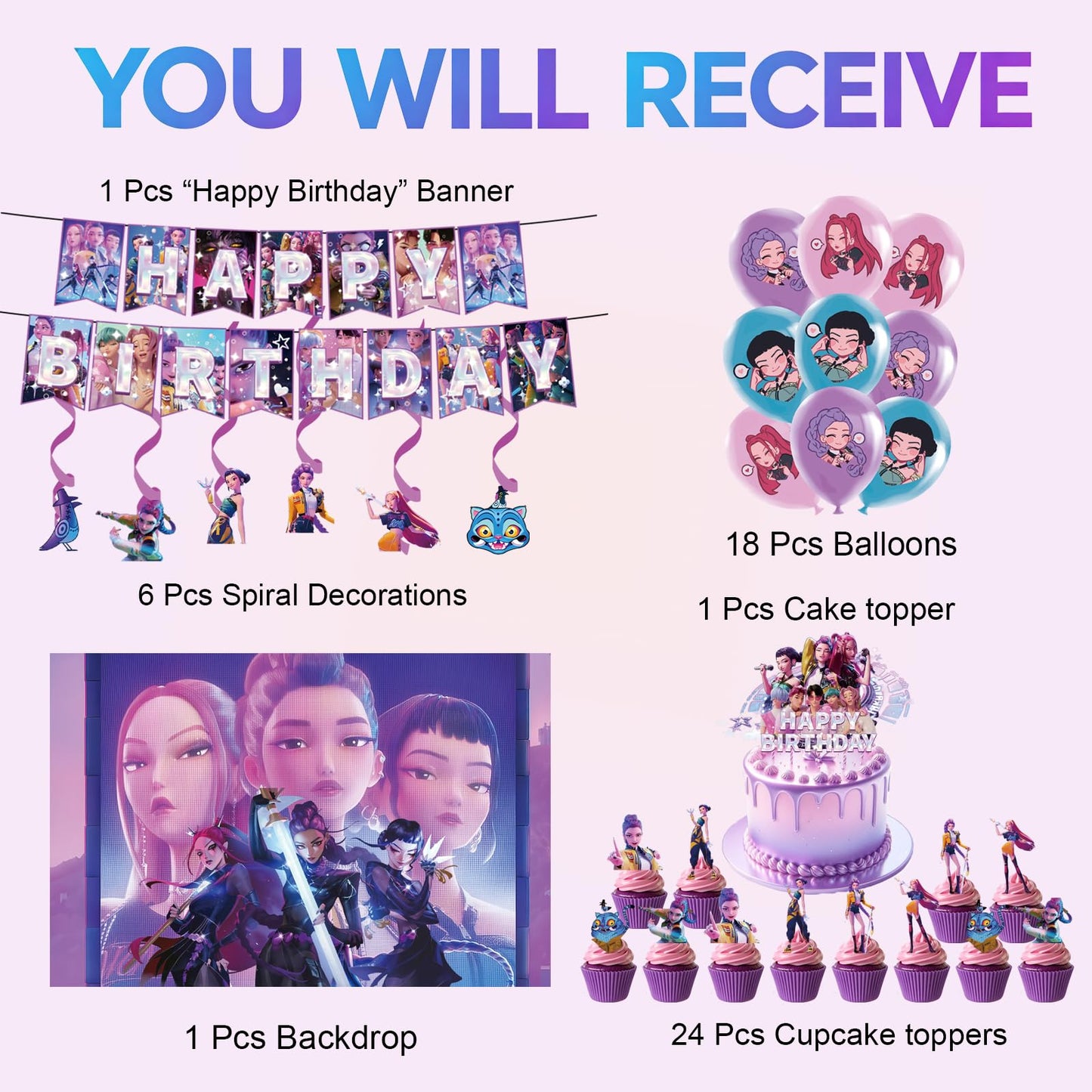 51 Pcs Cute Cartoon Birthday Decorations, Demon Anime Hunter Birthday Party Decorations, Includes 1 “Happy Birthday” Banner, 6 Spiral Garlands, 18 Latex Balloons, 1 Cake Topper, and 24 Cupcake Toppers