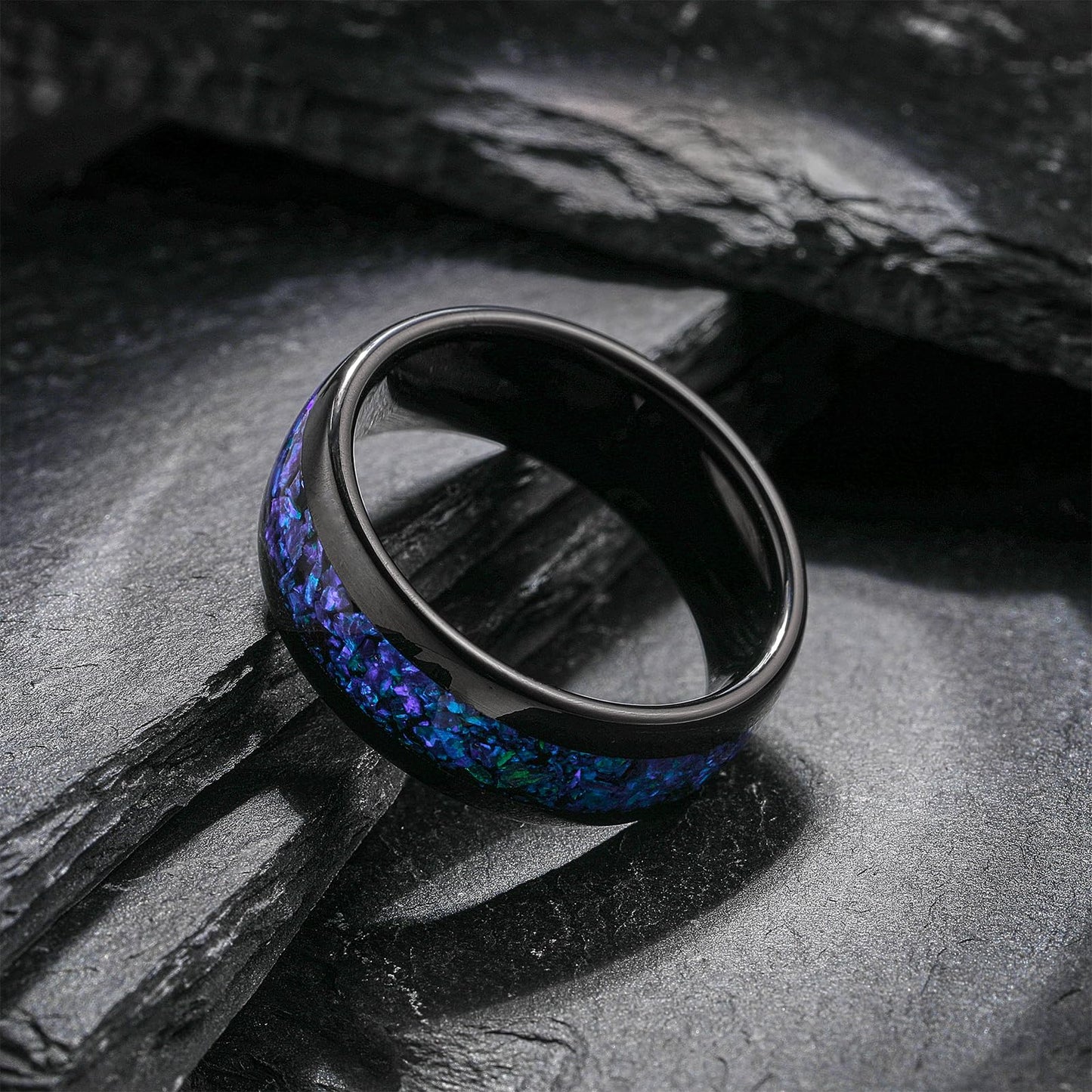 NUNCAD Black Wedding Ring Men Tungsten Blue Opal Ring Wedding Band Dome Polished Finish Comfort fit 8mm Sizes 8