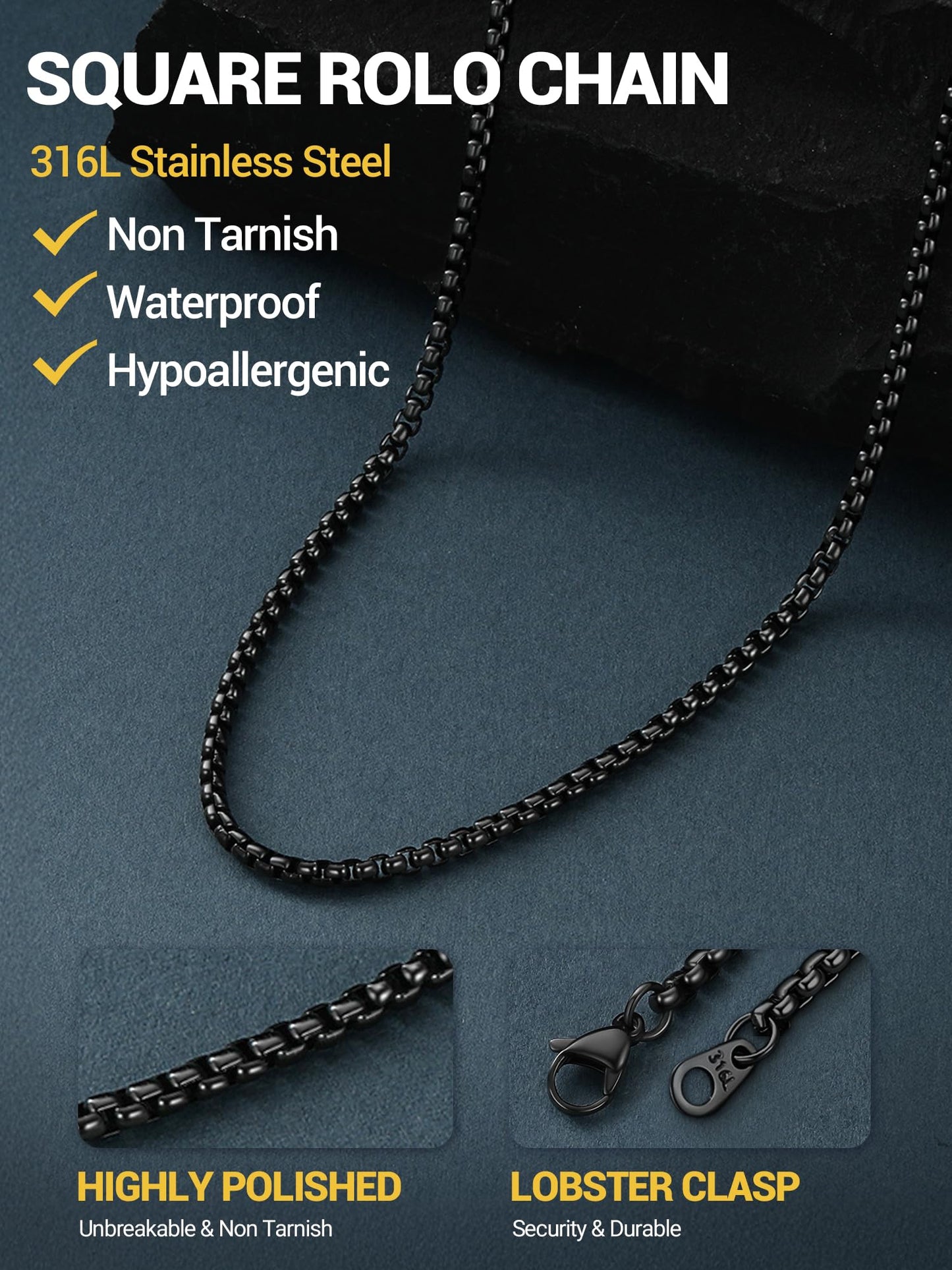 PROSTEEL Squre Rolo Link Chains, Black Stainless Steel Chain Necklace Waterproof & Non Tarnish 3mm Link Chains for Men and Women Jewelry with Gift Box 20in