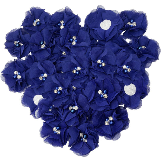 30pcs Rhinestone Chiffon Flower 2" Sewing Fabric Appliques for Clothing Craft Party Wedding Decor Tassel Topper Decoration Gift Wrapping Headbands Hair Accessories DIY (Dark Blue)