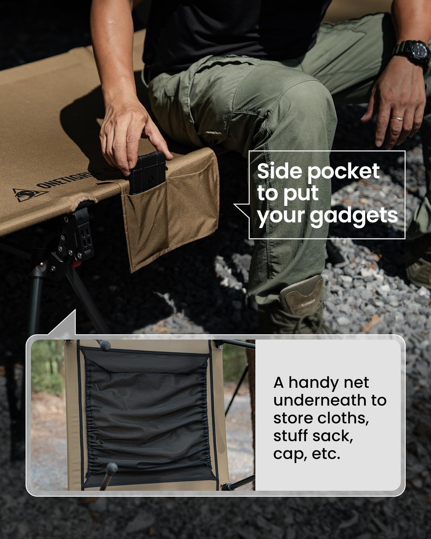 ONETIGRIS SUPRANUBIS Camping Cot, Height Adjustable with Cot Leg Extenders, Strong Support 330lbs, Lightweight Comfortable Folding Bed for Camping, Hiking, Travel, Truck, Beach, Office Nap