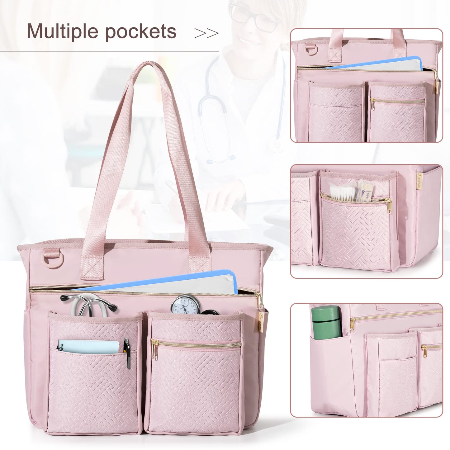Fasrom Nurse Tote Bag for Work Nurses with Laptop Sleeve, Home Health Clinical Bag for Nursing Students and Medical Assistant, Pink (Patent Pending)