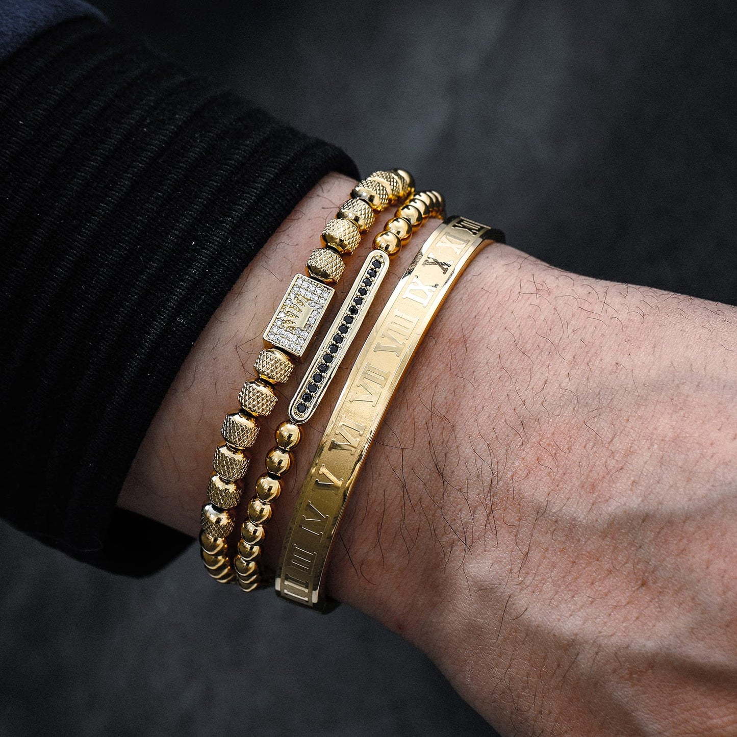WFYOU 3PCS Stainless Steel Bracelets for Men Gold Roman Numeral Bangle Bracelet Twisted Cable Bracelet Adjustable Cuff Bracelet Mens Luxury Jewelry Bracelets Gifts(H:Gold)
