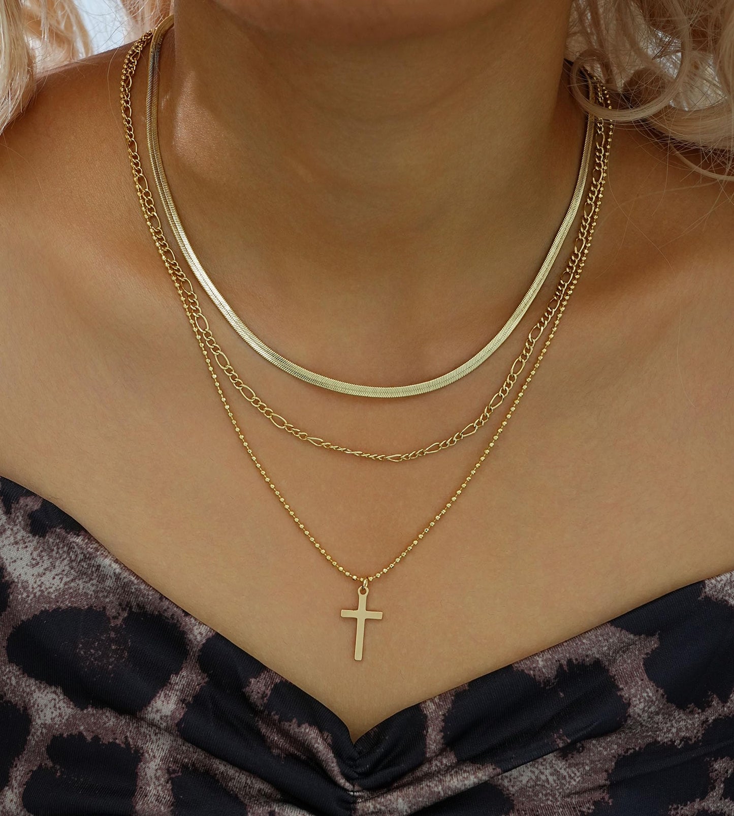 3PCS Layered Gold Cross Necklaces for Women Trendy, Bohemian Bead Pearl Y Long Pendant Necklace Set, Vintage Rosary Necklace Stack Adjustable Length