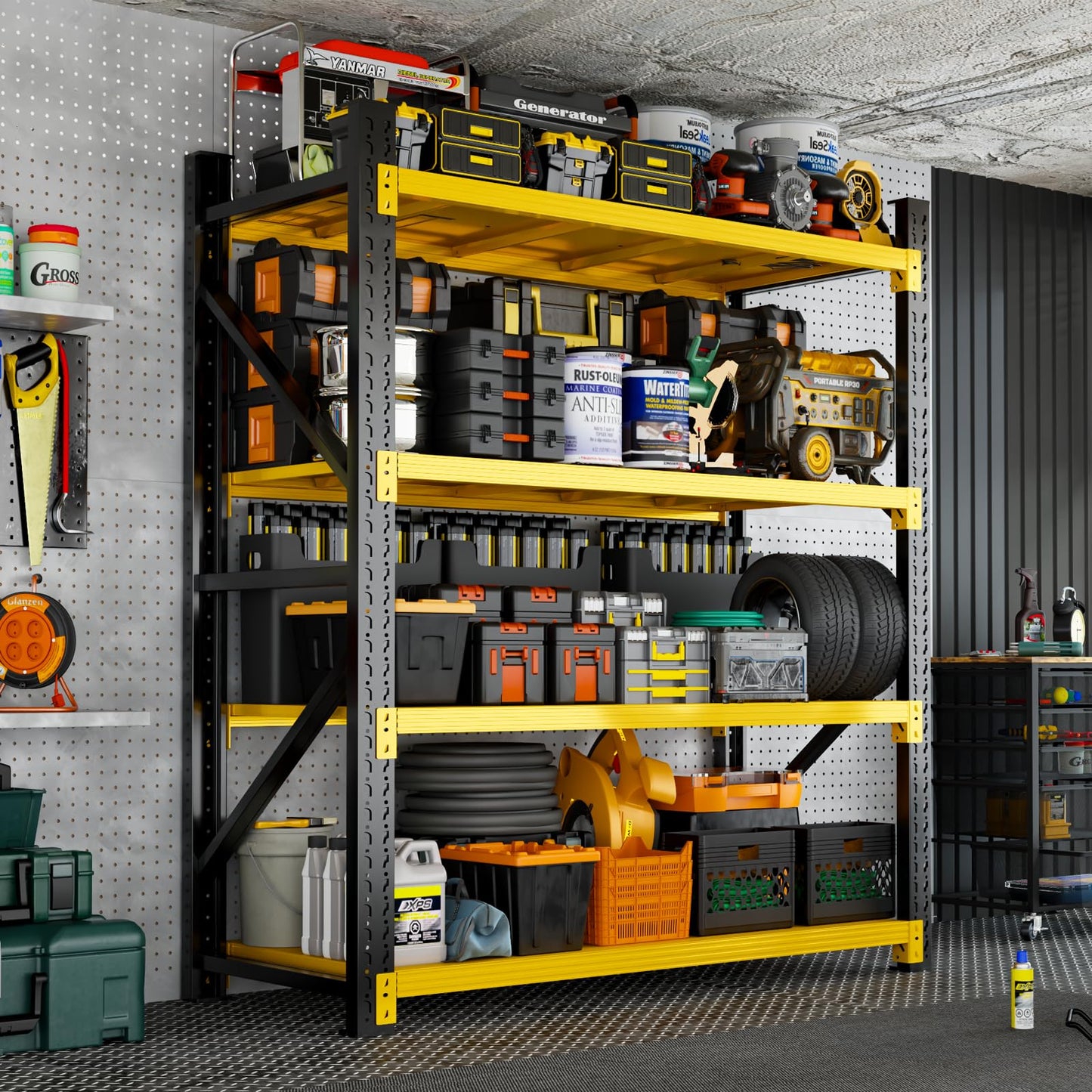 Qxdyt 3000LBS Heavy Duty Storage Shelves,78''H Metal Garage Shelving, 4-Tier Adjustable Garage Organization Shelving Units, Industrial Shelving for Warehouse,Workshop- Black & Yellow
