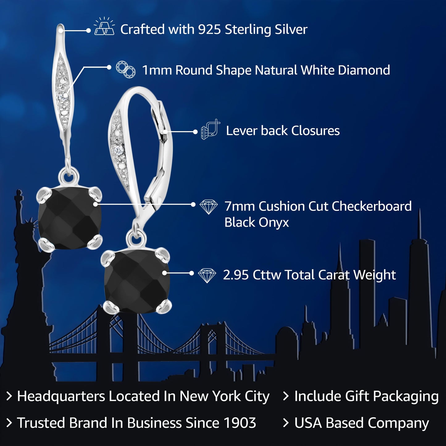 Gem Stone King Drop Dangle Earrings For Women | 7MM Cushion Cut Gemstone Birthstone and White Diamond | 925 Sterling Silver | Fine Jewelry Gifts for Mom Wife Women Her