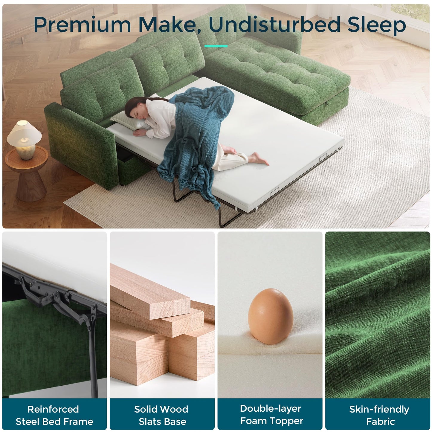 LINSY Oversized Sectional Sleeper Sofa 118" Pull Out Couch with Storage Chaise, Convertible Sofa Bed with Memory Foam Topper, Comfy L Shaped Couches for Living Room Apartment Dorm Room, Green
