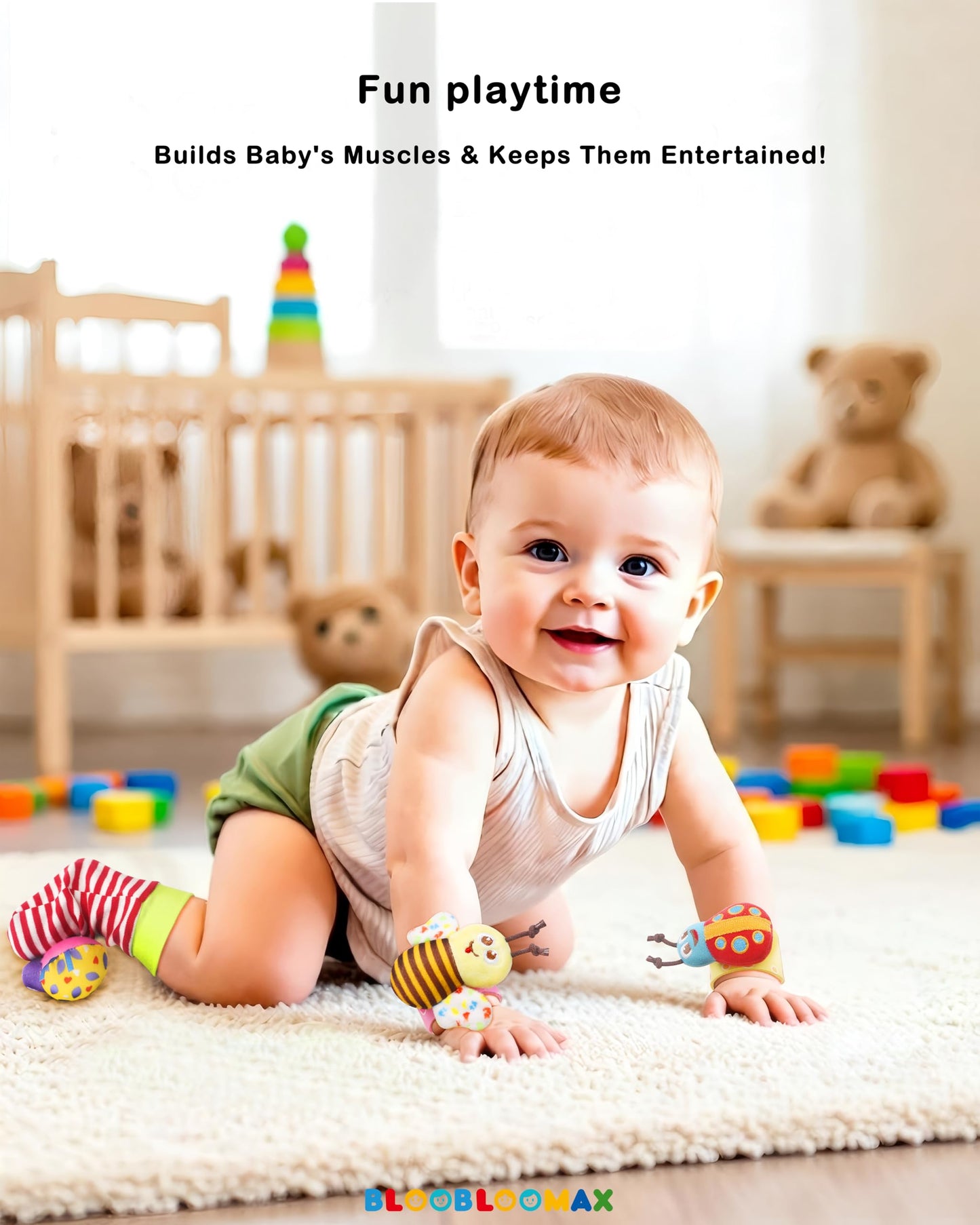 Bloobloomax Baby Soft Hanging Rattle, Wrist Rattle and Hand Foot Rattle Toy, Car Seat Stroller Toys with Plush Animal C-Clip Ring for Infant Babies Boys and Girls 3 6 9 to 12 Months (12PCS-G)