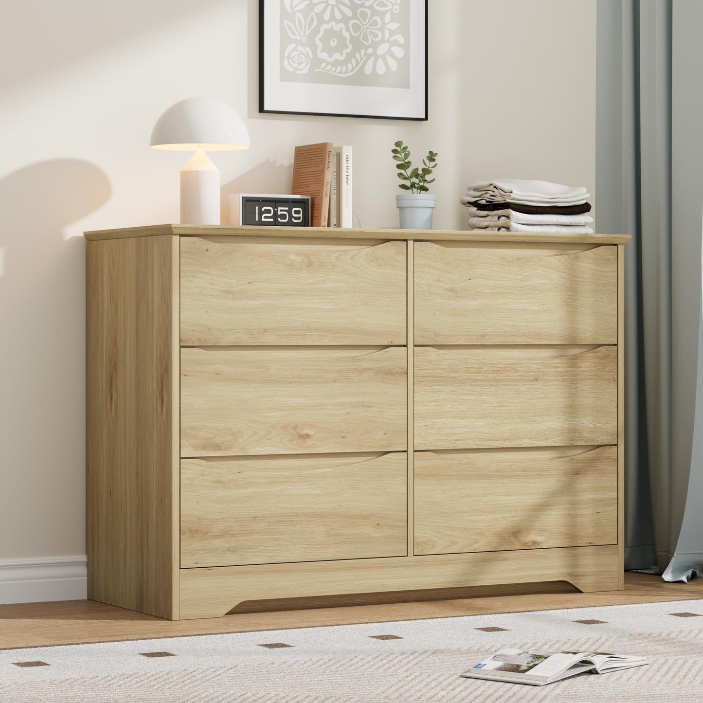 Garvee Wooden Dresser with 6 Drawers, Tall Modern Closet with Deep Storage, Large Chest of Drawers with Wide Top, Long Storage Dresser for Bedroom, Living Room, Hallway, Kids Room, Natural