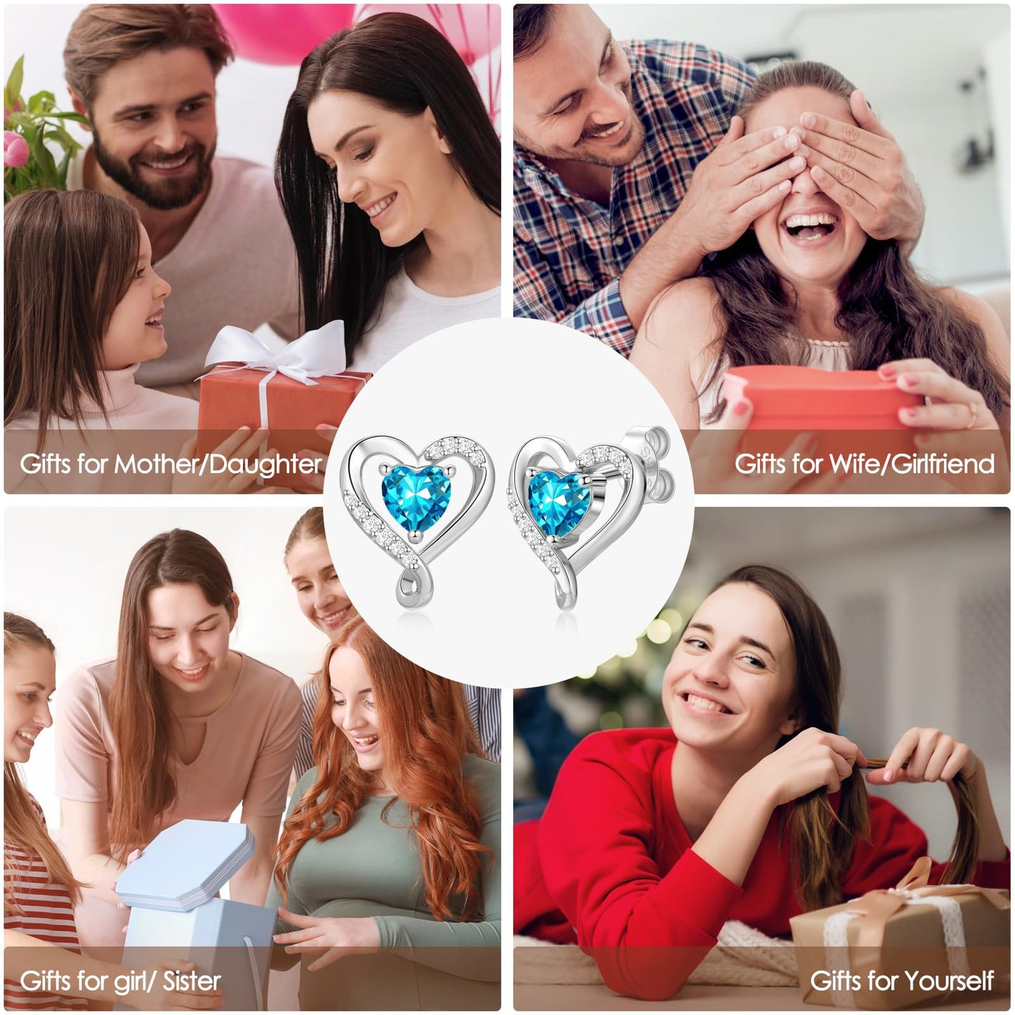 Zifeel Earrings for Women, 925 Sterling Silver Birthstone Heart Studs Earring for Girlfriend Wife, Anniversary Birthday Christmas Valentines Mother’s Day Gifts Jewelry for Women Wife Her Mom