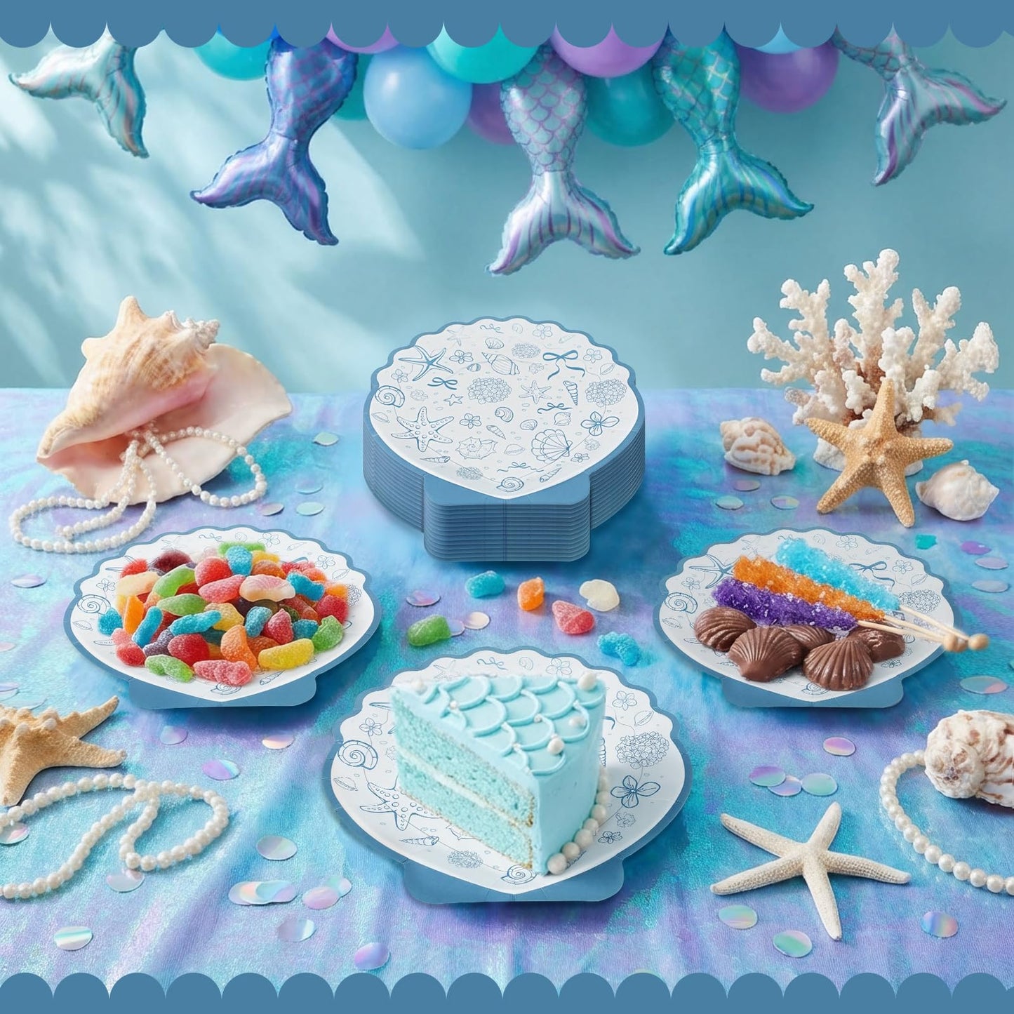 Acellegic 40pcs 7inch Seashell Paper Plate Ocean Seashell Beach Coastal Party Supplies Disposable Blue Bow Hydrangea Starfish Plate Seaside Favor for Summer Beach Wedding Bridal Shower Birthday Party