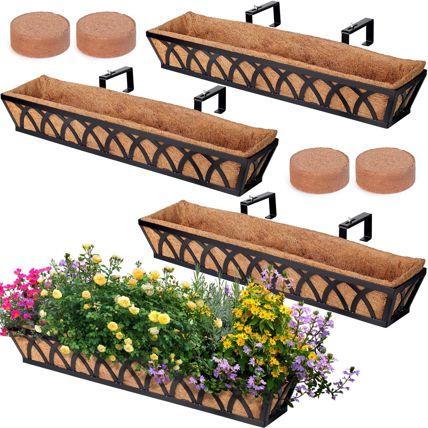 WIMART Window Box Railing, 24 Inch Black Metal Hanging Flower Planter Basket with Coco Liner for Outdoor Balcony Porch Fence Patio for Home, Office and Hotel (Black - 4 Pcs/Set)