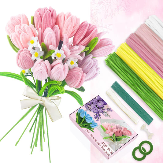 400 Pcs Pink Pipe Cleaners Craft for Flowers, 5 Colored Pipe Cleaner Flower Kit, Pastel Chenille Stems for Handmade Bouquet Wrapping Party Decorations with Floral Wire, Ribbons, Tape