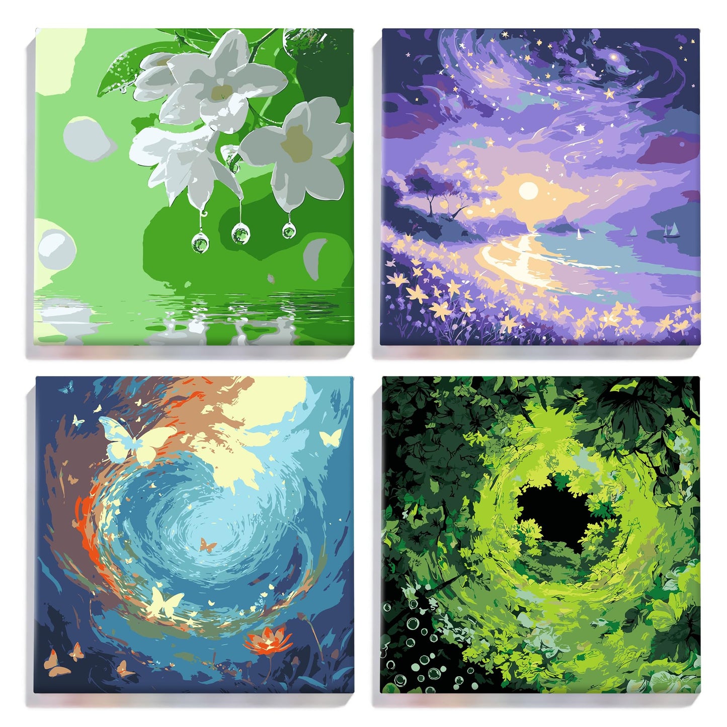 YONEYO 4 Pack Framed Paint by Numbers for Adults, Magical Forest & Starry Night Landscape Acrylic Canvas Painting with Easels, Fantasy Nature Scenery Wall Art Decor, 8x8 Inch