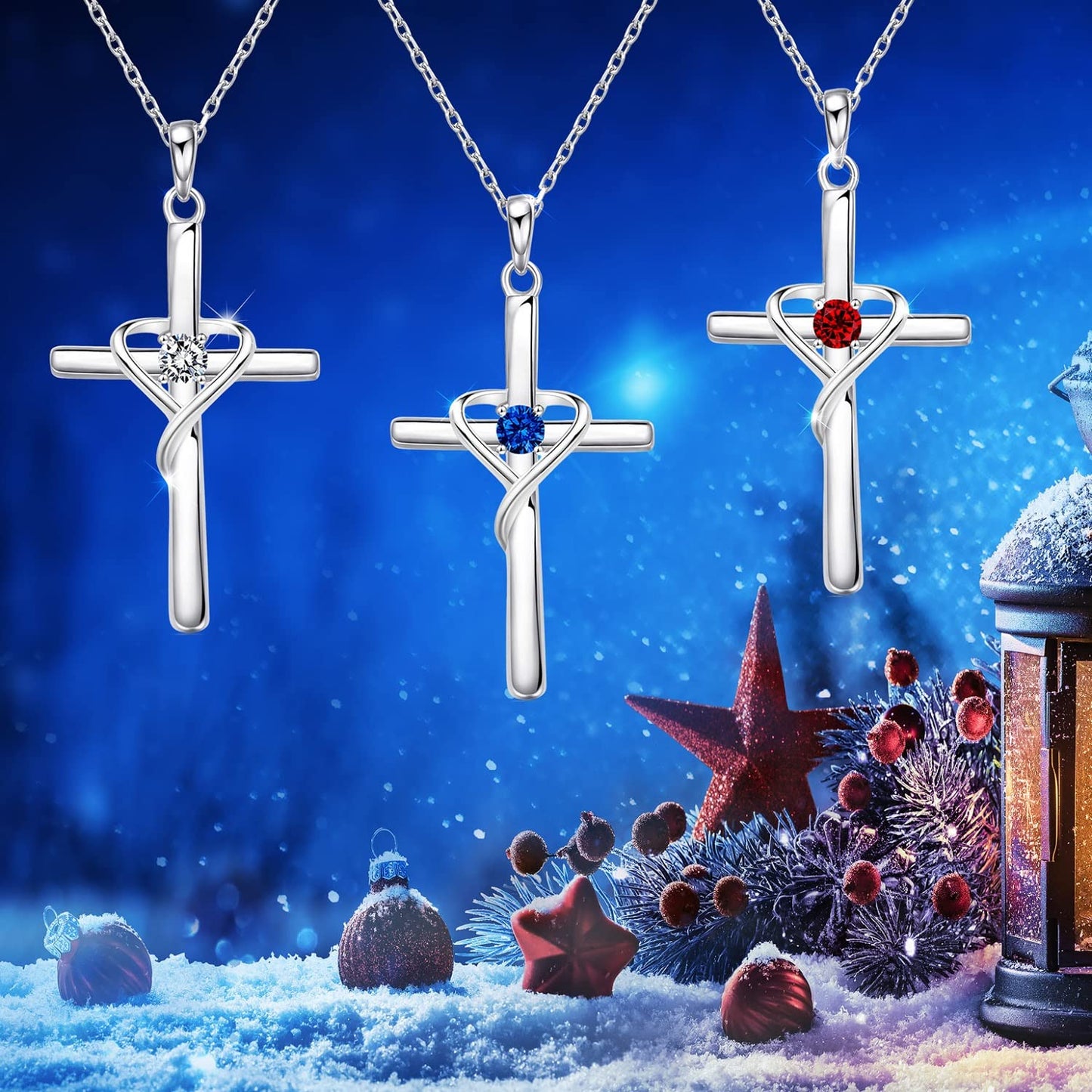 AmorAime 925 Sterling Silver Cross Necklace for Women Men 14K Gold Plated 5A CZ Birthstone Necklaces for Holiday (L.Blue-December-Blue Topaz)