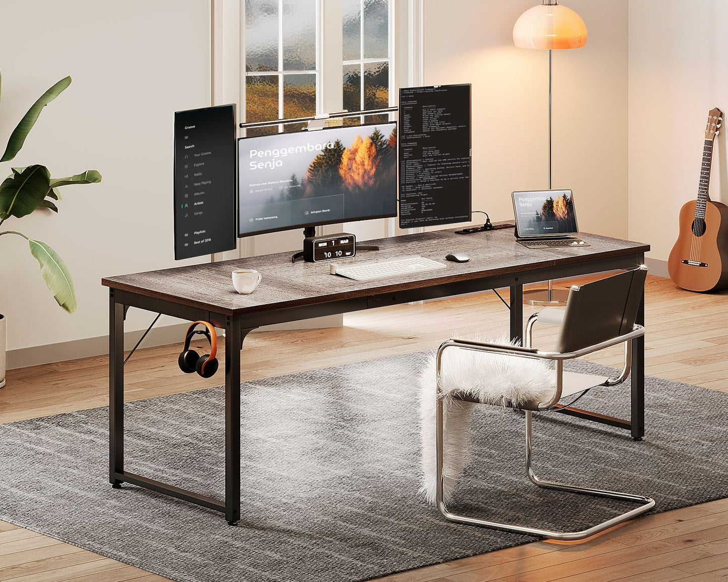 Coleshome 71 x 24 Inch Computer Desk with USB Ports, Large Office Desk, Long Study Student Writing Desk, Grey Oak