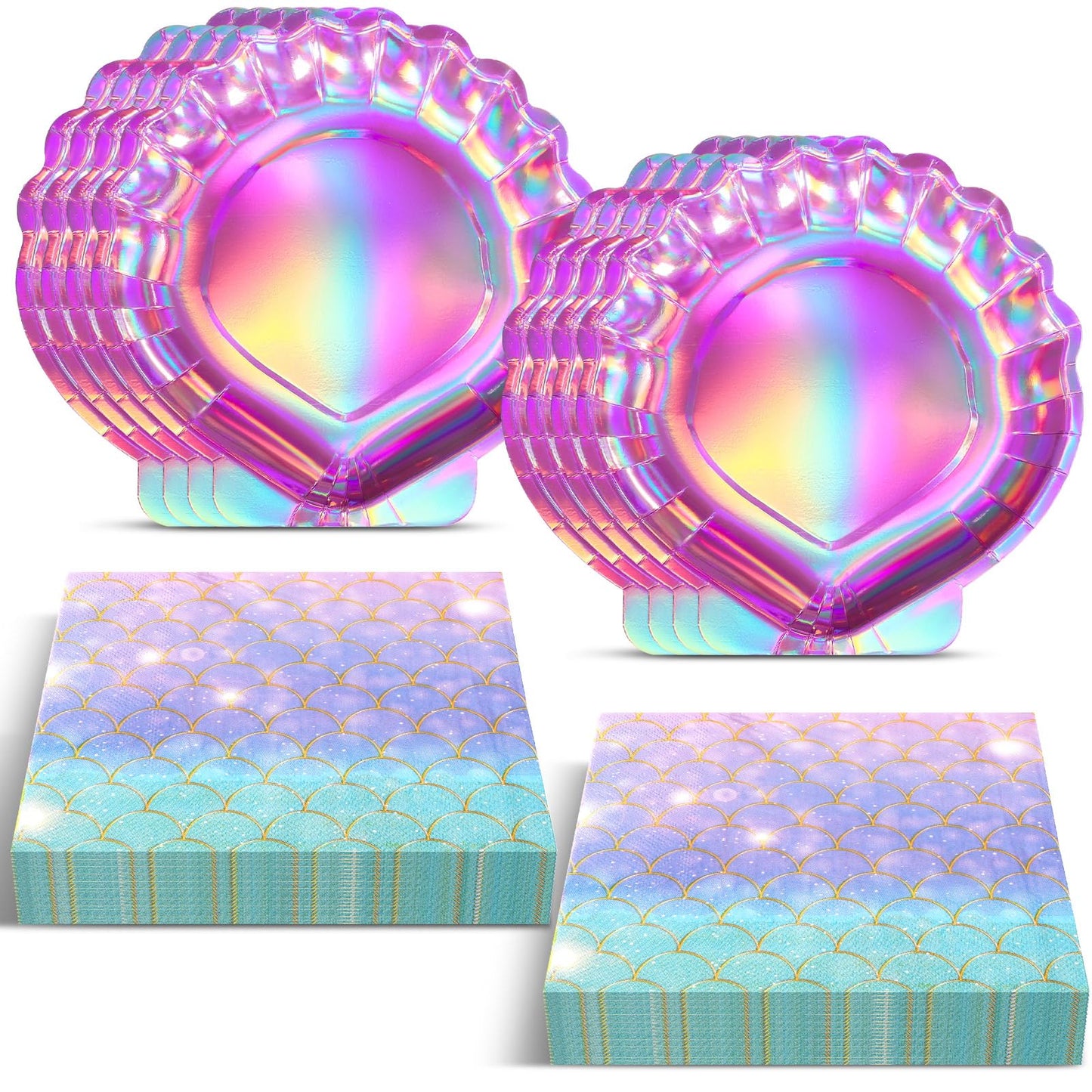 Gersoniel 40 Pcs Iridescent Pink Mermaid Party Supplies Set, 20 Clam Shell Plates and 20 Mermaid Scales Napkins Party Decorations Disposable Paper Plates and Napkins Seashell for Birthday(Shell)