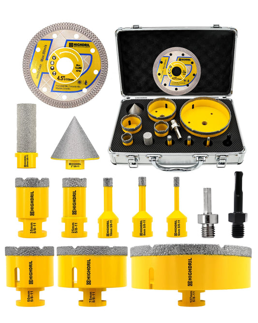 HIGHDRIL 13Pcs Diamond Hole Saw Kit - 1/4", 5/16", 3/8", 1", 1-3/8", 2", 3", 5" Drill Bits with 2" Chamfer Bit, 4/5" Finger Bit, Adapters for Tile Porcelain Ceramic Granite Marble Stone