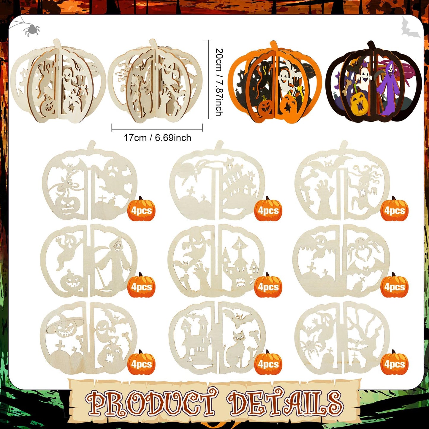 AceOrbit 36 Pcs Halloween Wooden Crafts Kits Pumpkin Bats Spider DIY Unfinished Wooden Slices to Paint 3D Blank Wood Cutouts for Halloween Table Decorations Arts, 6.7" x 7.9"