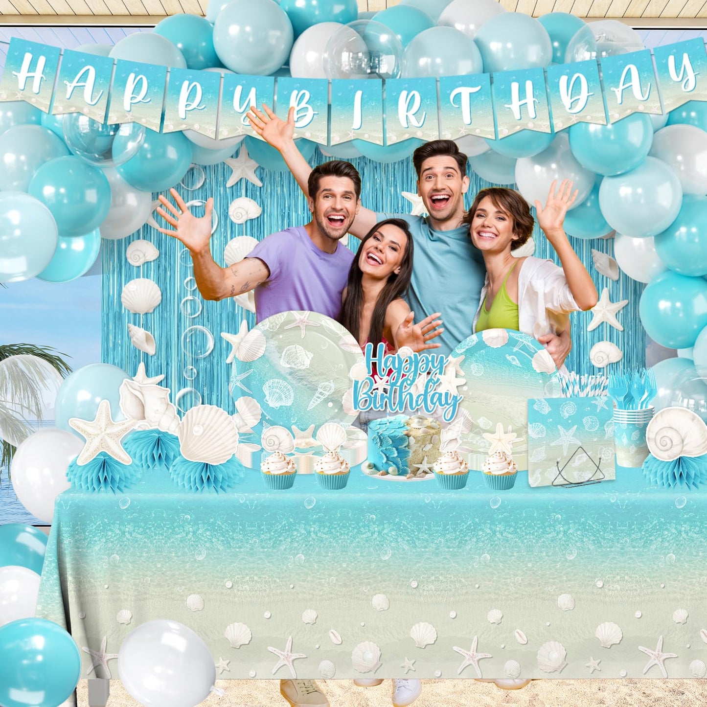 Beach Birthday Party Decorations, All-in-1 Ocean Themed Party Decorations with Balloon Arch Fringe Backdrop Seashell Bubble Garland Plates Napkins Centerpieces Cake Topper for Coastal Party, Serve 24