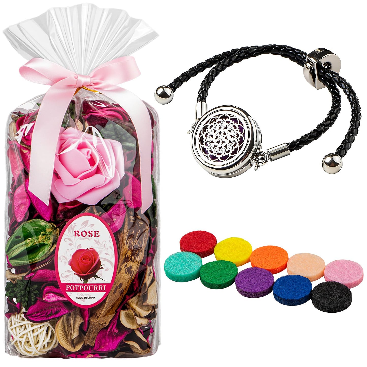 Potpourri Bags & Essential Oil Bracelet Set, Rose Scented Bowl Fillers, Fragrance Potpourri for Home Decor + Aroma Diffuser Stainless Bracelet, Gifts for Women, Mom, Aunt, Grandma, Wife-Pink