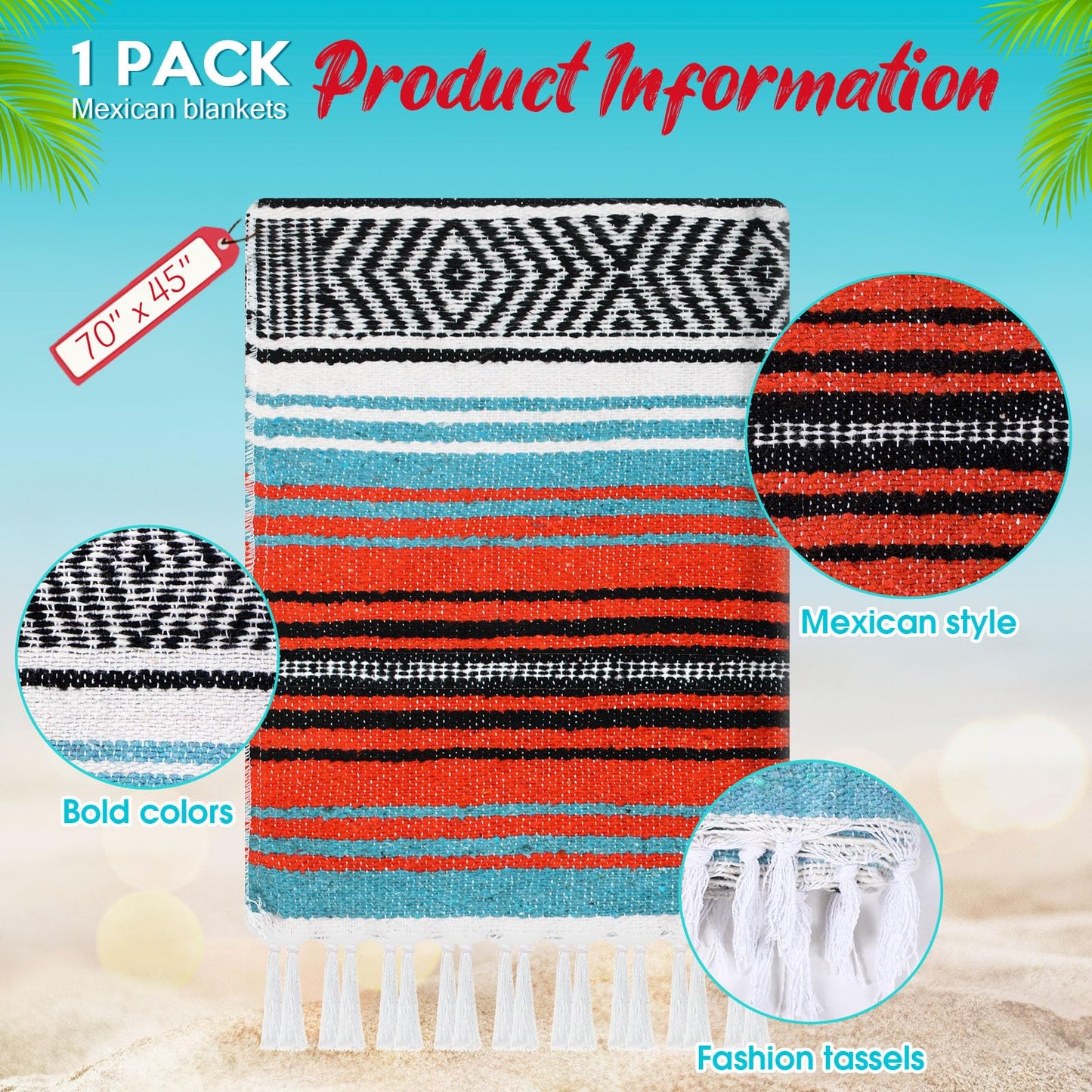 Oudain Mexican Blanket Woven Authentic Cotton Falsa Throw 45 x 70 Inch – Authentic Baja Serape Saddle Blanket Outdoor for Restorative Yoga, Beach, Picnic, Couch, Car Travel(Boho Festival)