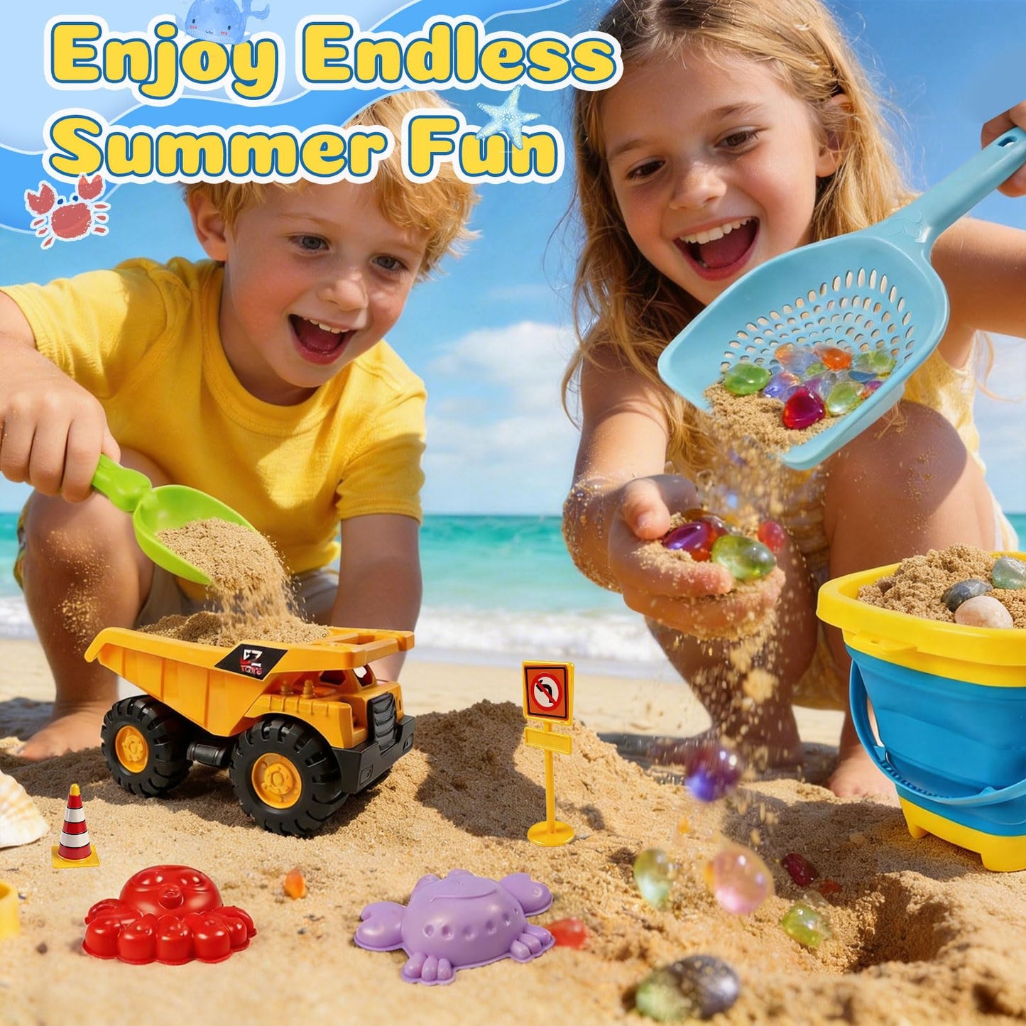 UBeesize 37 PCS Beach Toys , 3-in-1 Construction & Treasure Hunt Sand Toys with 2 Collapsible Buckets, 2 Trucks, Castle Building Kit, Sand Sifter and Shovels, Mesh Bag Sandbox Toys for Toddler 3-10