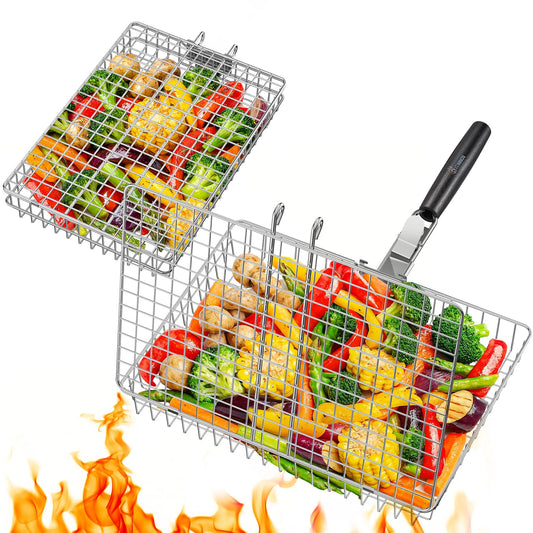 Nesting Grill Baskets, 2PCS Grilling Baskets for Outdoor with Removable Handle, Stainless Steel BBQ Camping Cooking Accessories Tools for Meat Steak Fish Vegetable Shrimp, Gifts for Men Dad Husband
