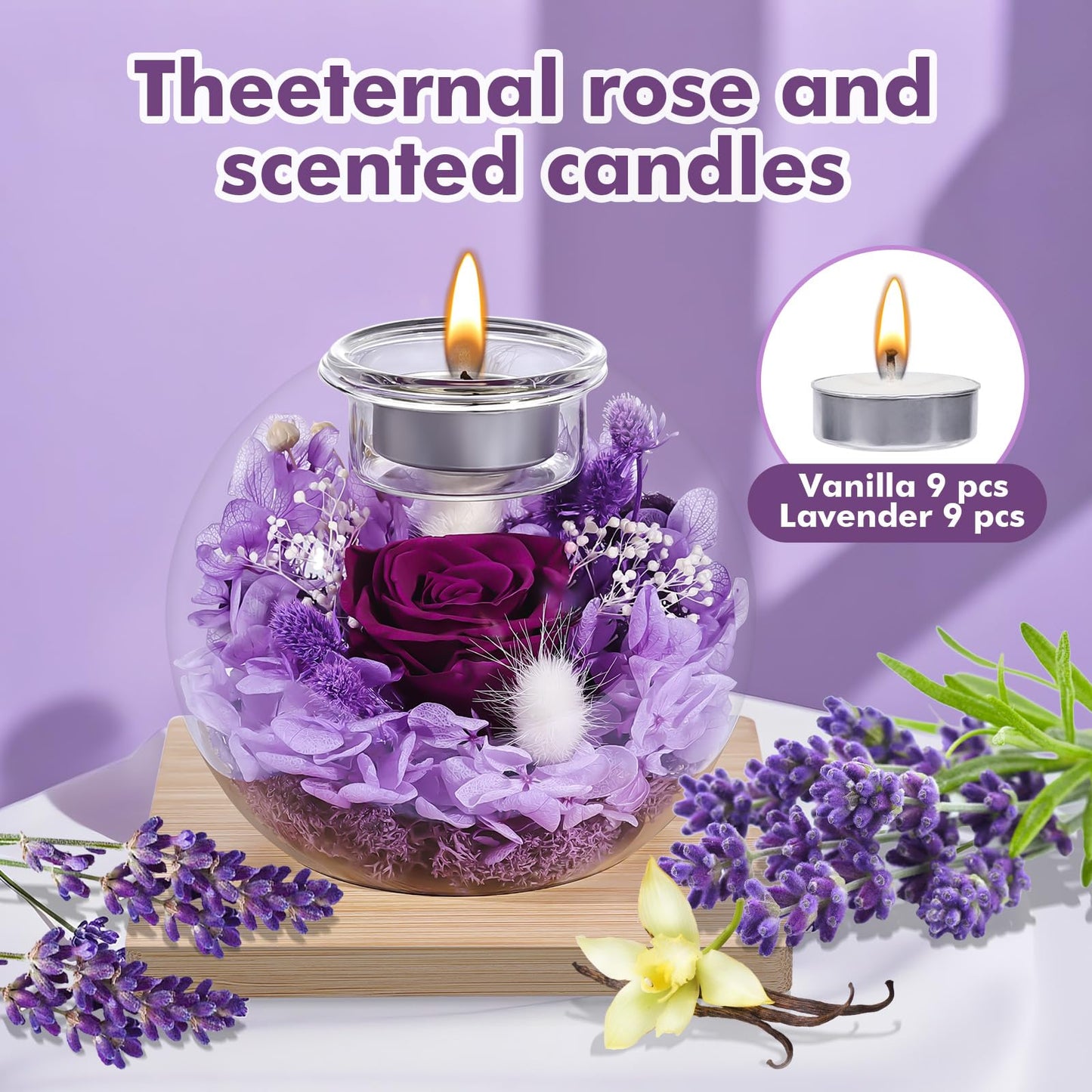 NERCHVO Preserved Rose in Glass Dome with Scented Candles, Romantic Gift for Women, Birthday for Girlfriend, Wife, Mom
