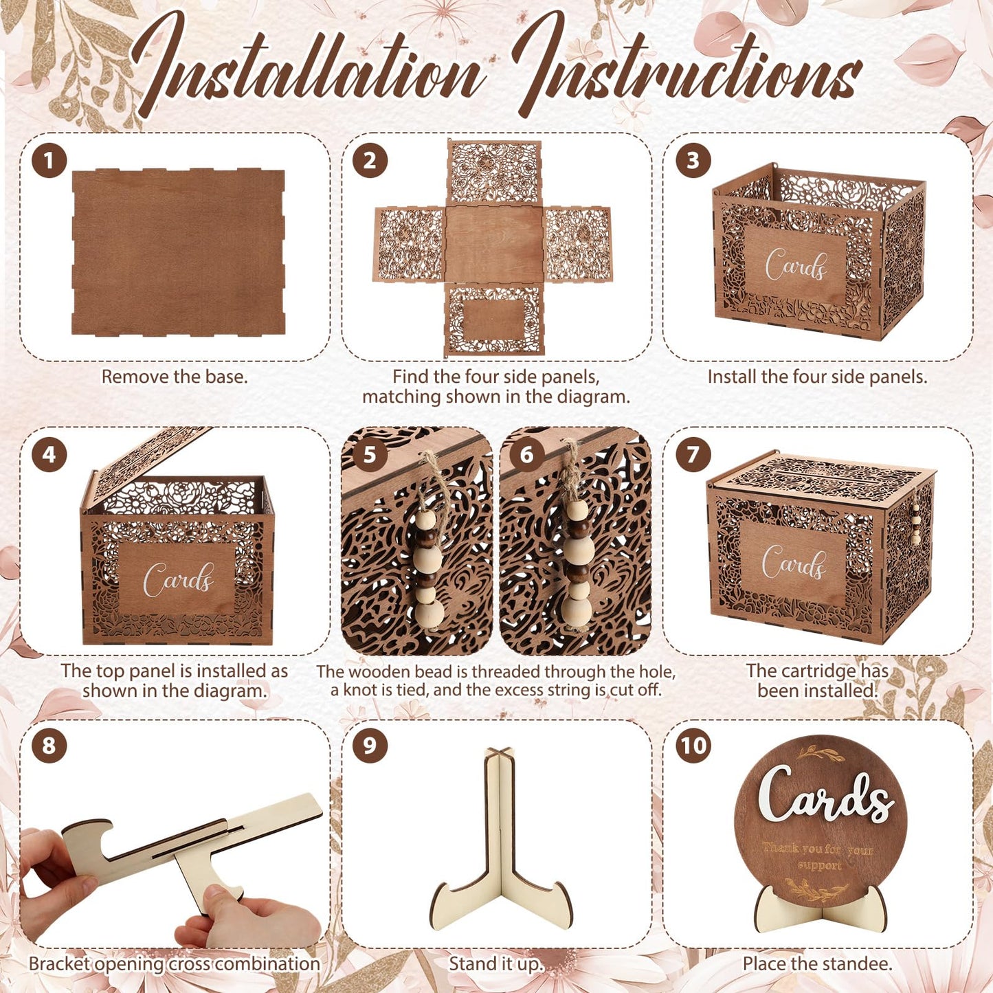 Ferrochef Wedding Card Box with Sign Boho Rustic Wood Gift Card Box Vintage Money Cards Holder for Wedding Baby Shower Graduation(Flower,Brown,11.4 x 9 x 8.5 Inches)