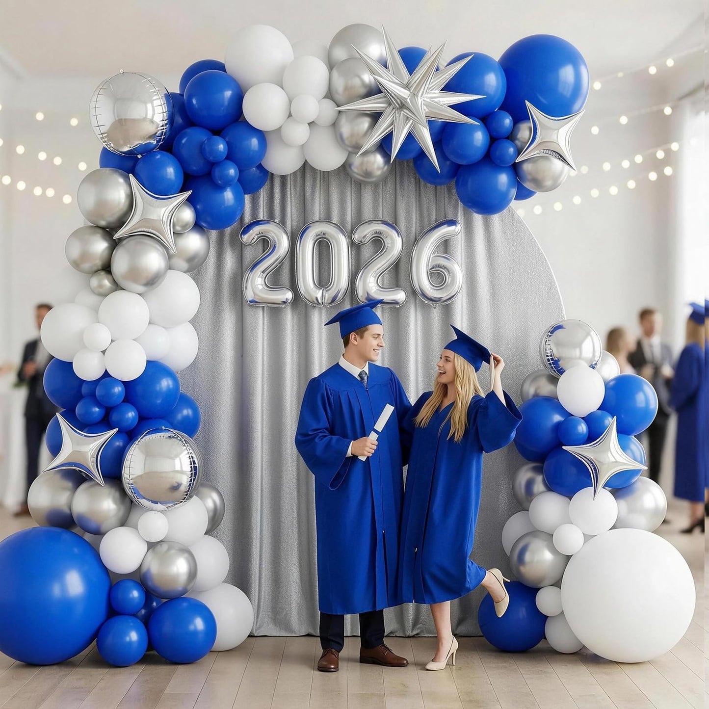 Blue Silver White Balloons Arch Kit, Blue White Balloon Arch with 4D Silver Star Graduation 2026 Foil Balloon Banner, Royal Metallic Balloons for Class of 2026 Graduation Decoration Birthday Party