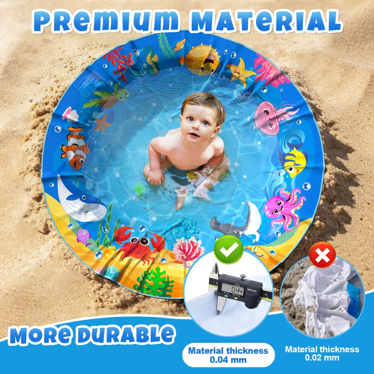 4.9 X 4.9 Feet Baby Beach Pool, Waterproof Beach Pool Blanket for Toddler, 2 in 1 Toddler Paddling Pool with Carrying Bag, Collapsible Beach Puddle Mat for Boys Girls Kids Infant Outdoor Beach Toys
